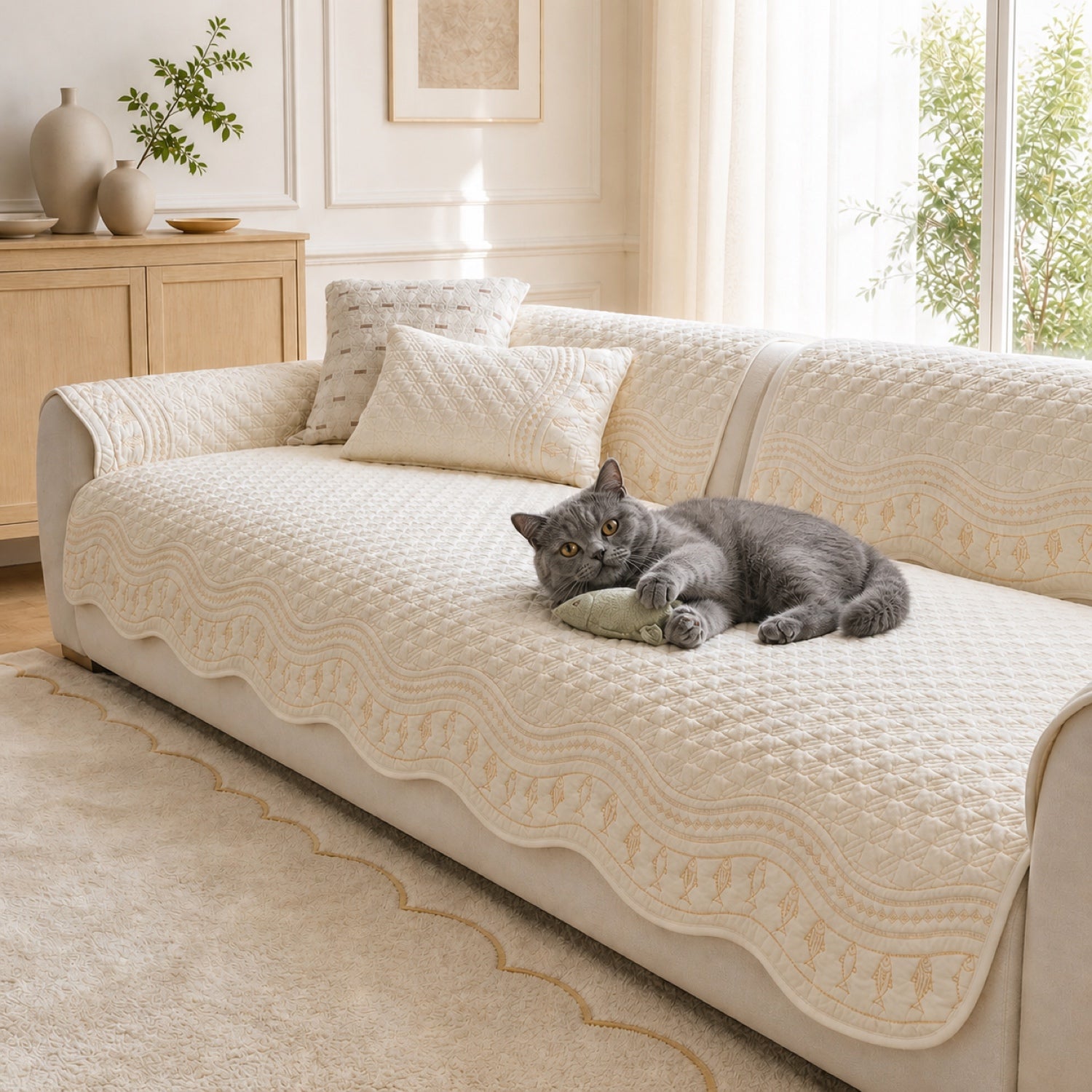 Fish Pattern Cotton Sofa Protector | Quilted Non-Slip Washable Cover