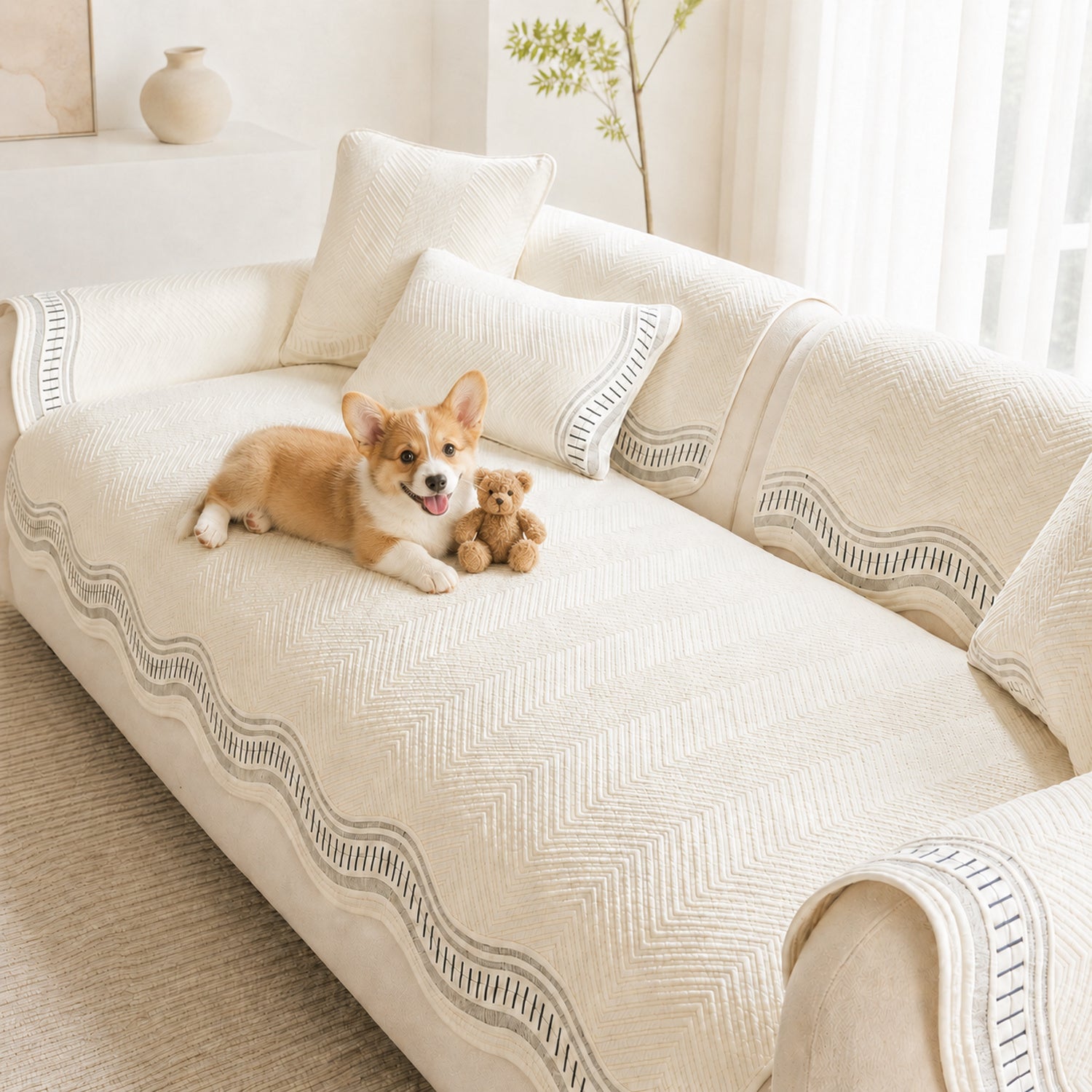 Chevron Wave Cotton Sofa Protector | Non-Slip Machine-Washable Cover