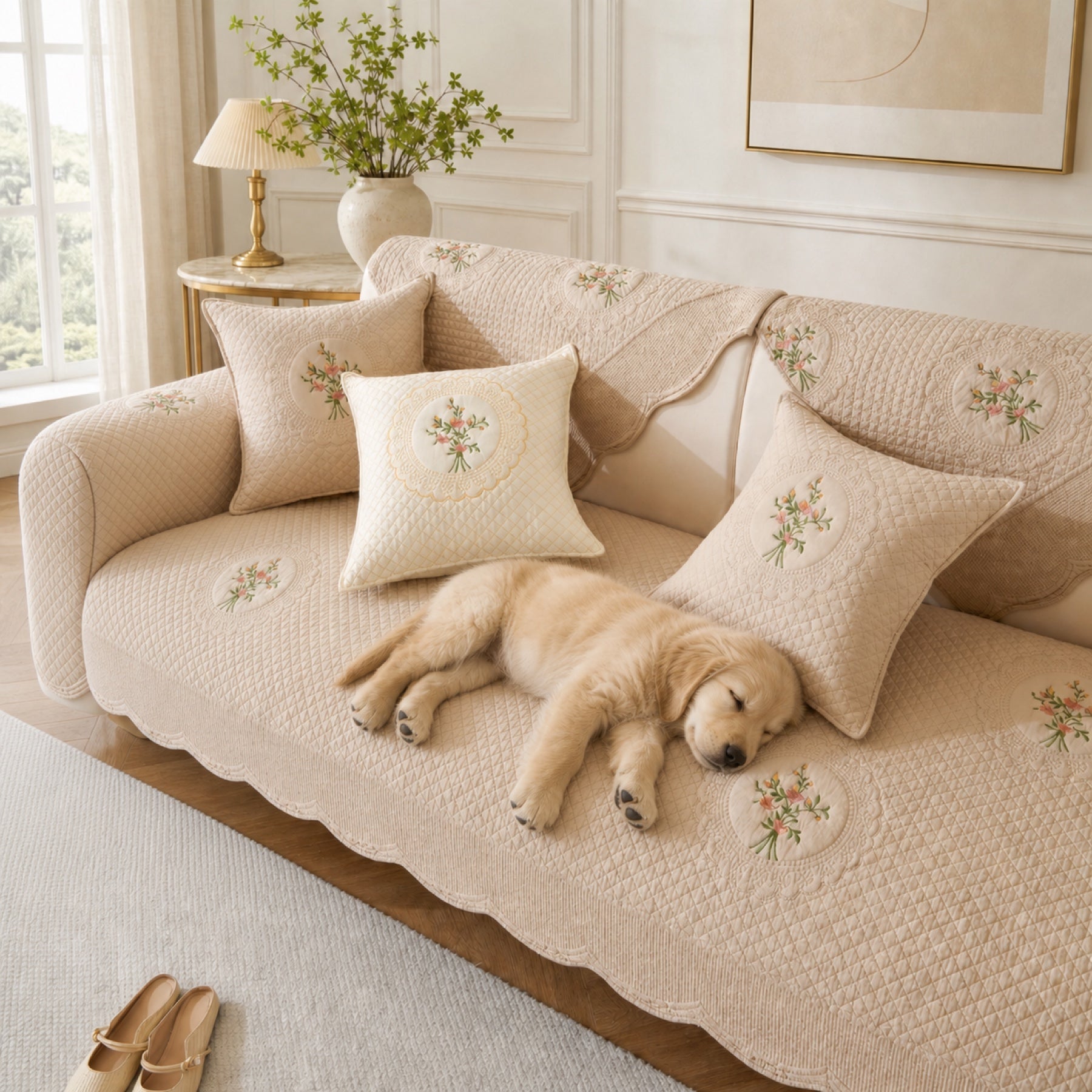 Heritage Floral Sofa Cover | Embroidered Cotton | Anti-Slip & Washable