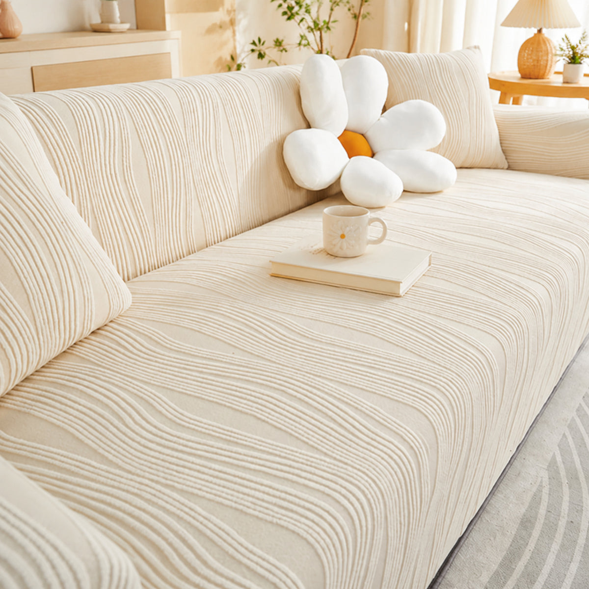 Ribbed Jacquard Stretch Sofa Protector | Knitted Fleece Full-Coverage Cover