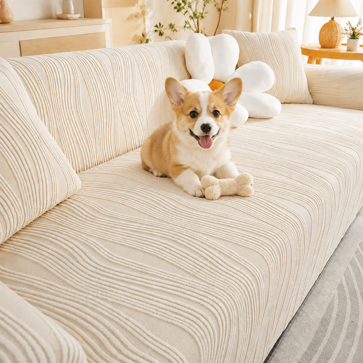 Ribbed Jacquard Stretch Sofa Protector | Knitted Fleece Full-Coverage Cover