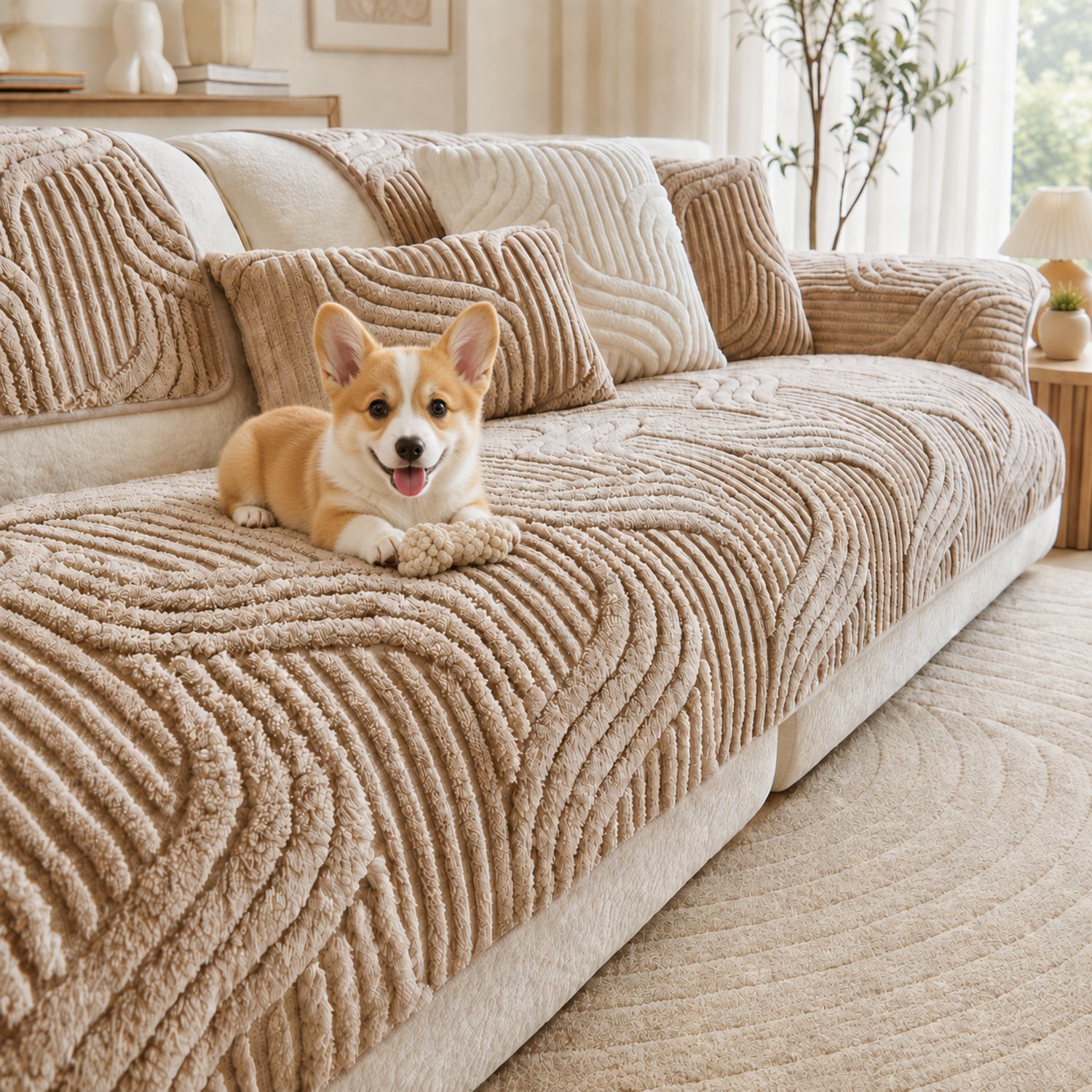 Plush Geometric Sofa Protector | Soft Textured Non-Slip Washable Cover