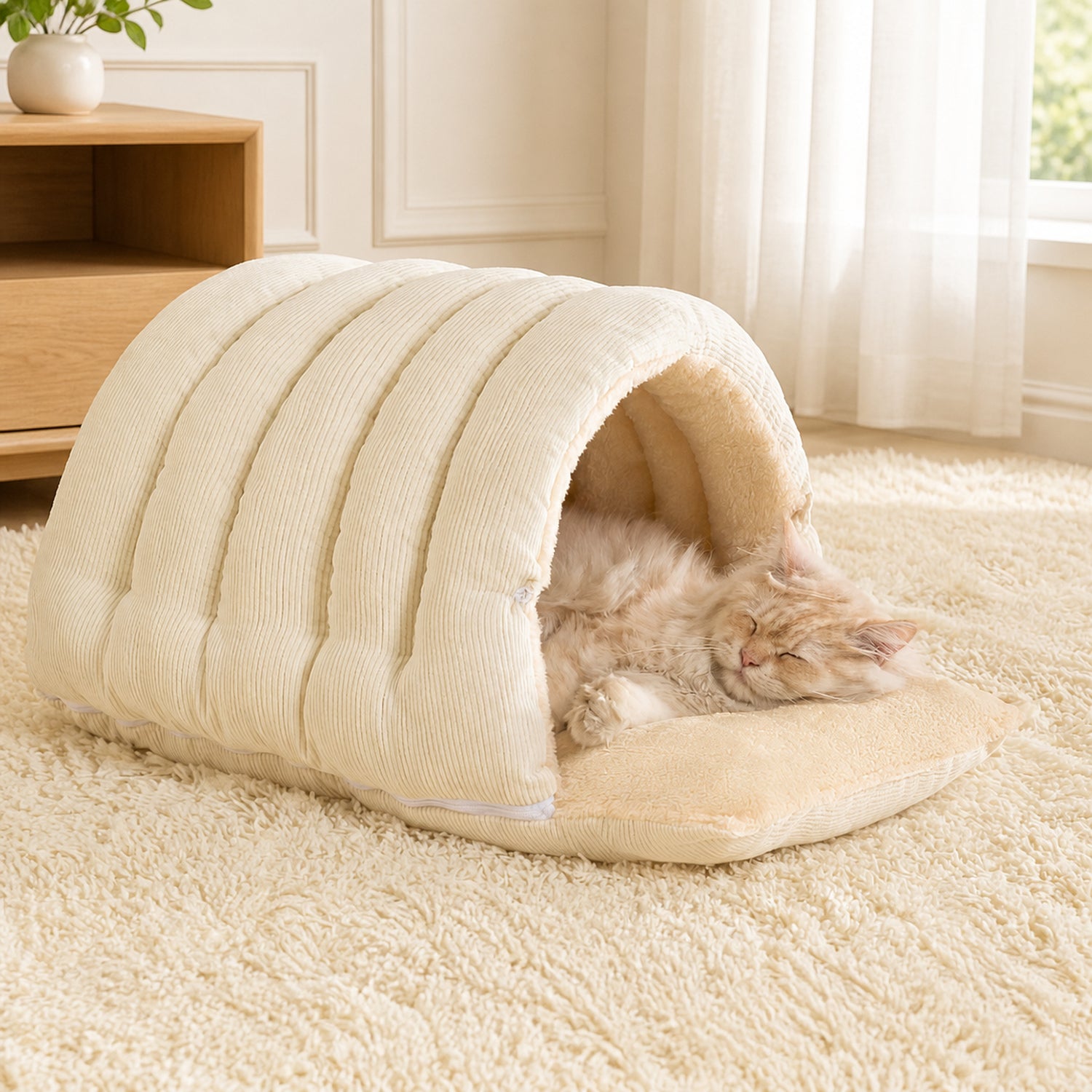 Cosy Tunnel Cat Bed | Warm Corduroy | Removable Washable Hideaway
