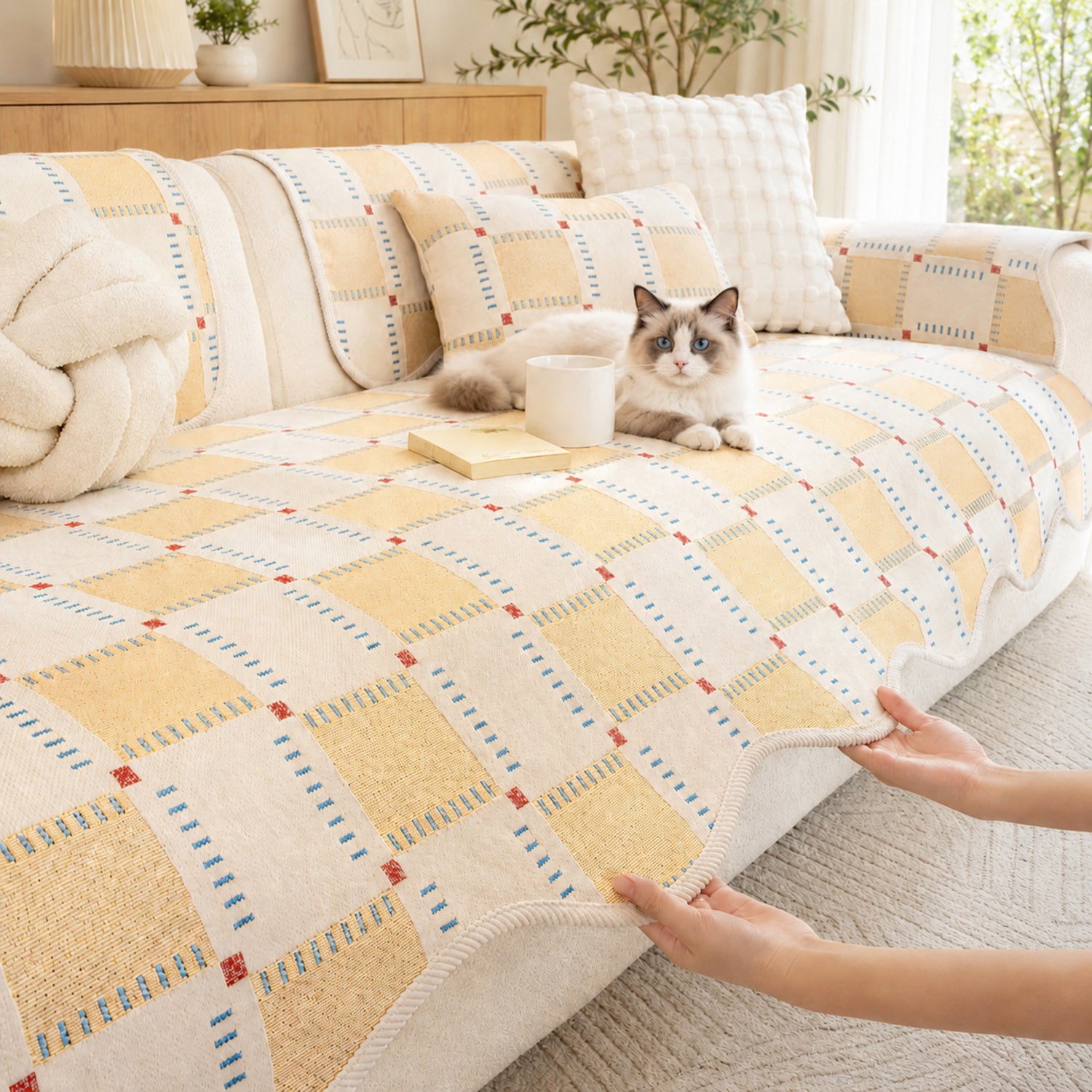Plaid Chenille Sofa Protector | Scratch-Resistant Non-Slip Washable Cover