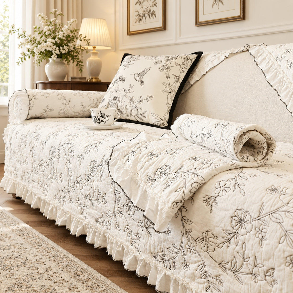 Sofa Cover | Cotton Surface & Non-Slip Backing | Garden Etching | Machine Washable