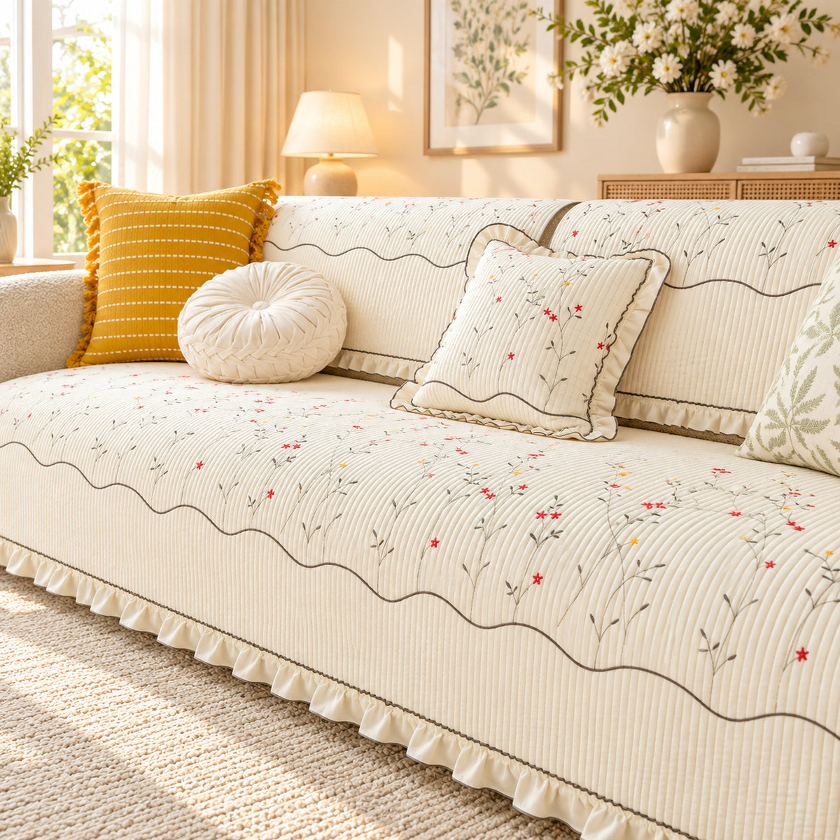 Cotton Sofa Cover | Non-Slip Sofa Protector | Dainty Wildflower Embroidery