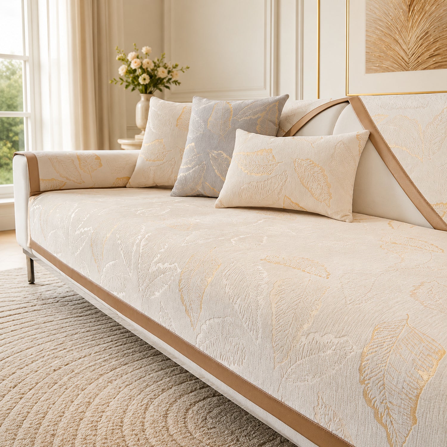 Gilded Leaf Sofa Protector | Chenille Jacquard Non-Slip Washable Cover
