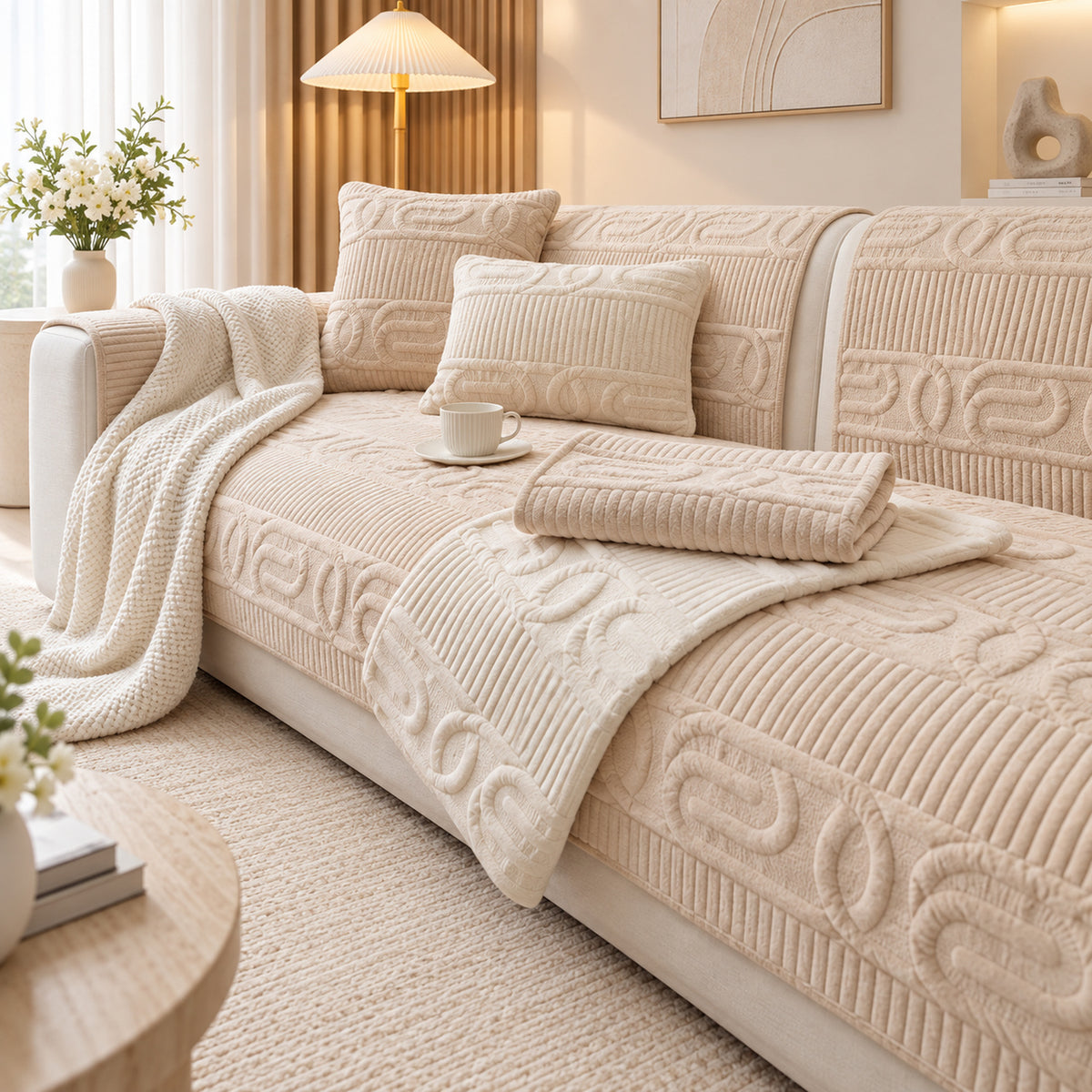 Sofa Cover | Love Lock Quilted Velour | Non-Slip Sofa Protector