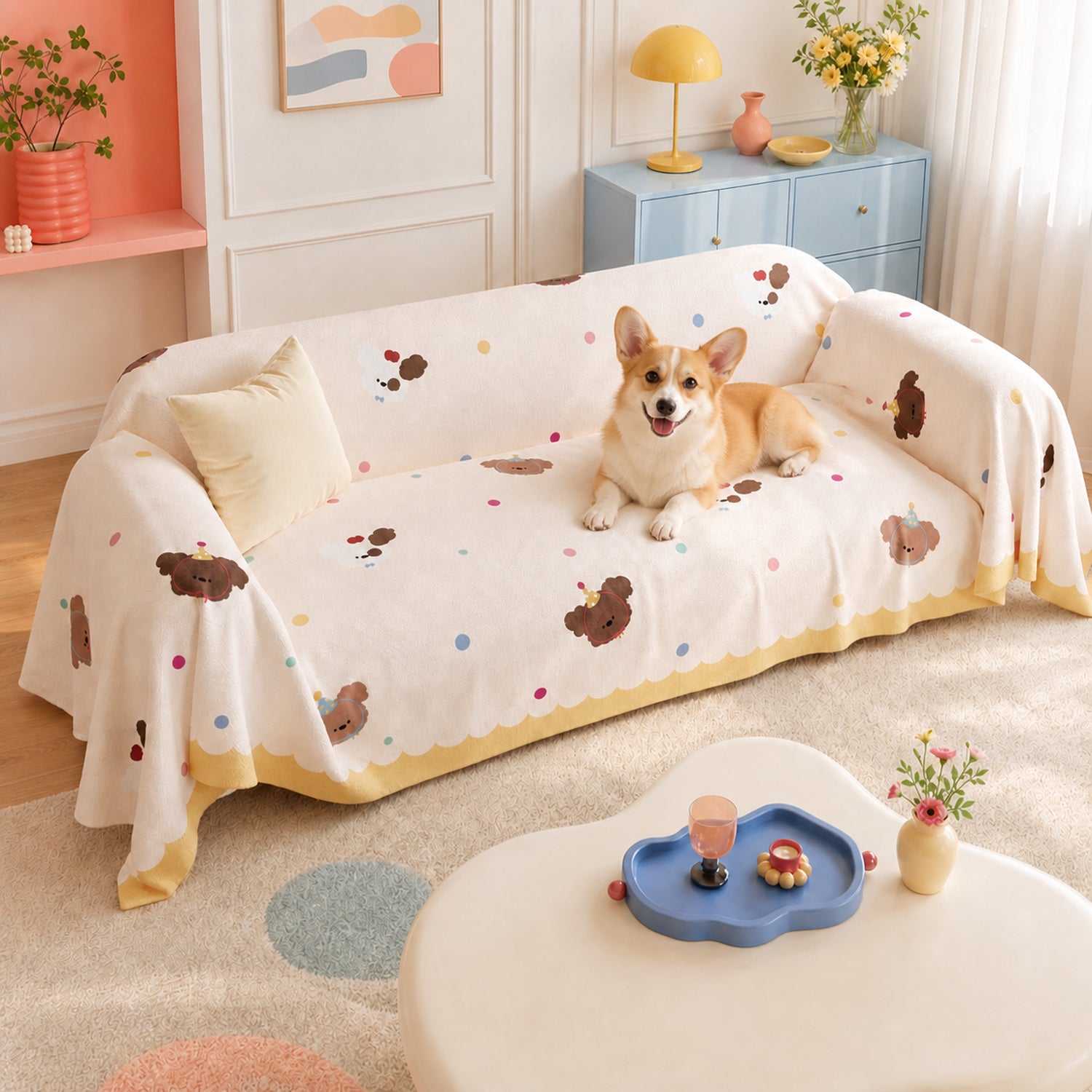 Birthday Puppy Sofa Throw | Linen-Look Fabric | Washable Anti-Pilling Sofa Protector
