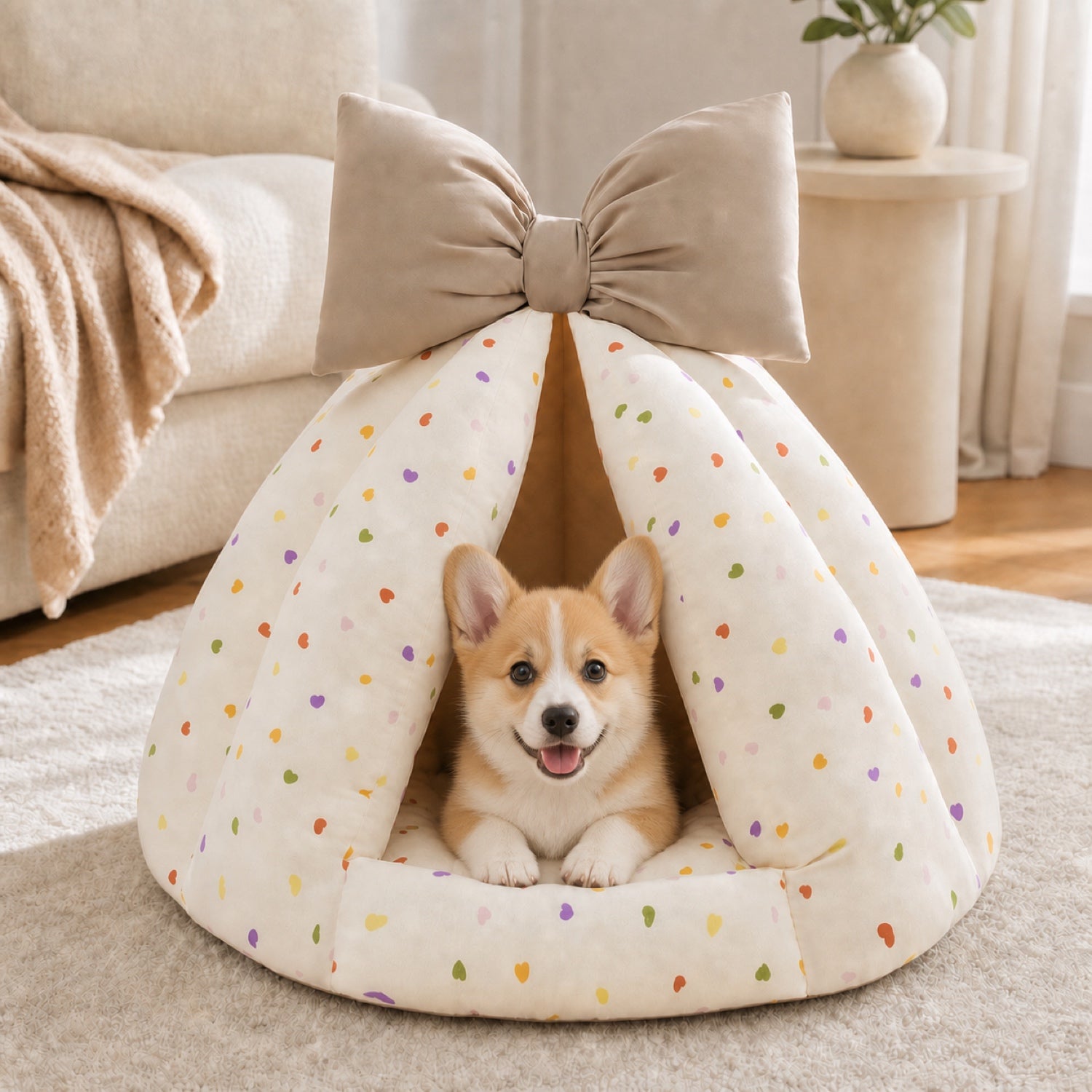 Bow Pet Tent Bed | Cotton Blend | Washable Hideaway for Cats & Small Dogs