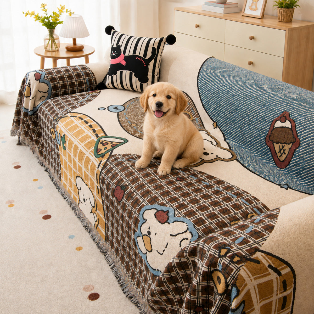 Puppy Days | Chenille Sofa Throw | Scratch-Resistant Sofa Protector