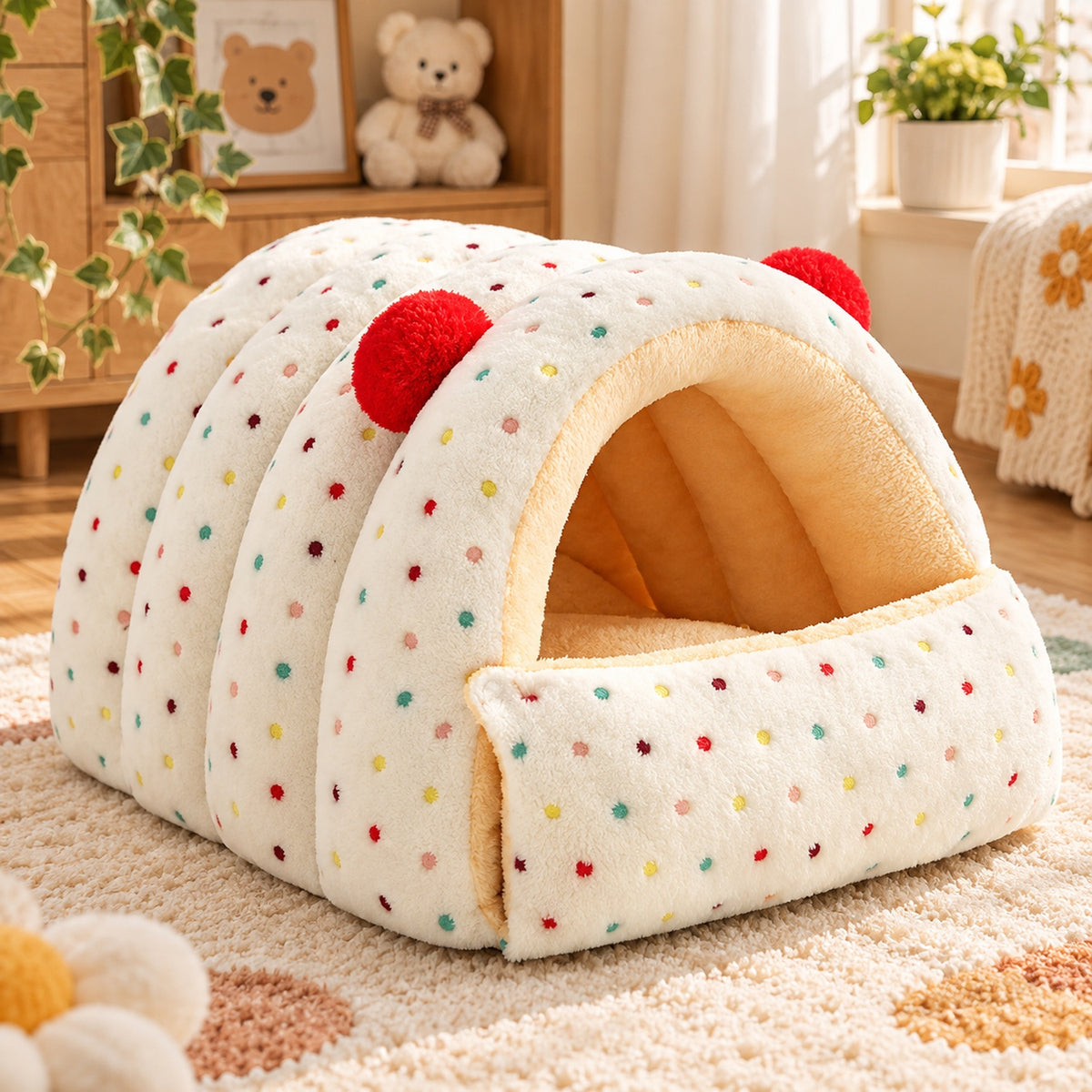 Dog Bed & Cat Bed | Cuddle Cabin Plush Cave | Removable Cushion & Fold-Down Front