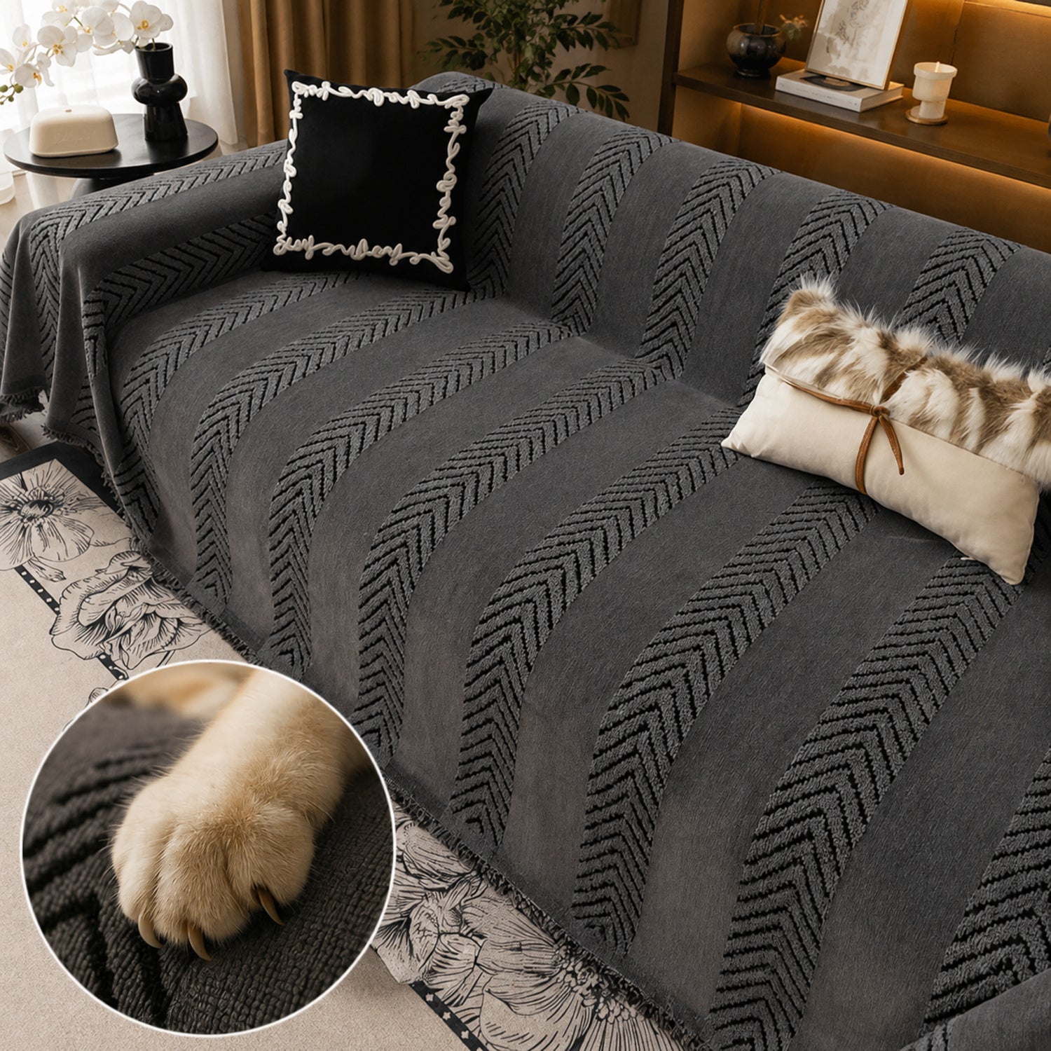 Sofa Throw | Chenille Pet Proof Couch Blanket | Non-Slip Herringbone | Washable | Dog & Cat Friendly