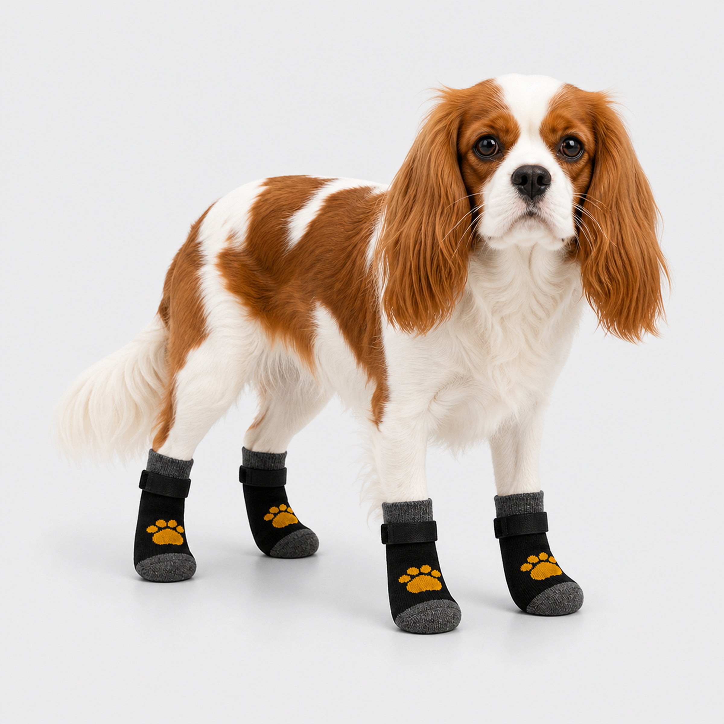 Cavalier King Charles Spaniel wearing black anti-slip dog socks with yellow paw design