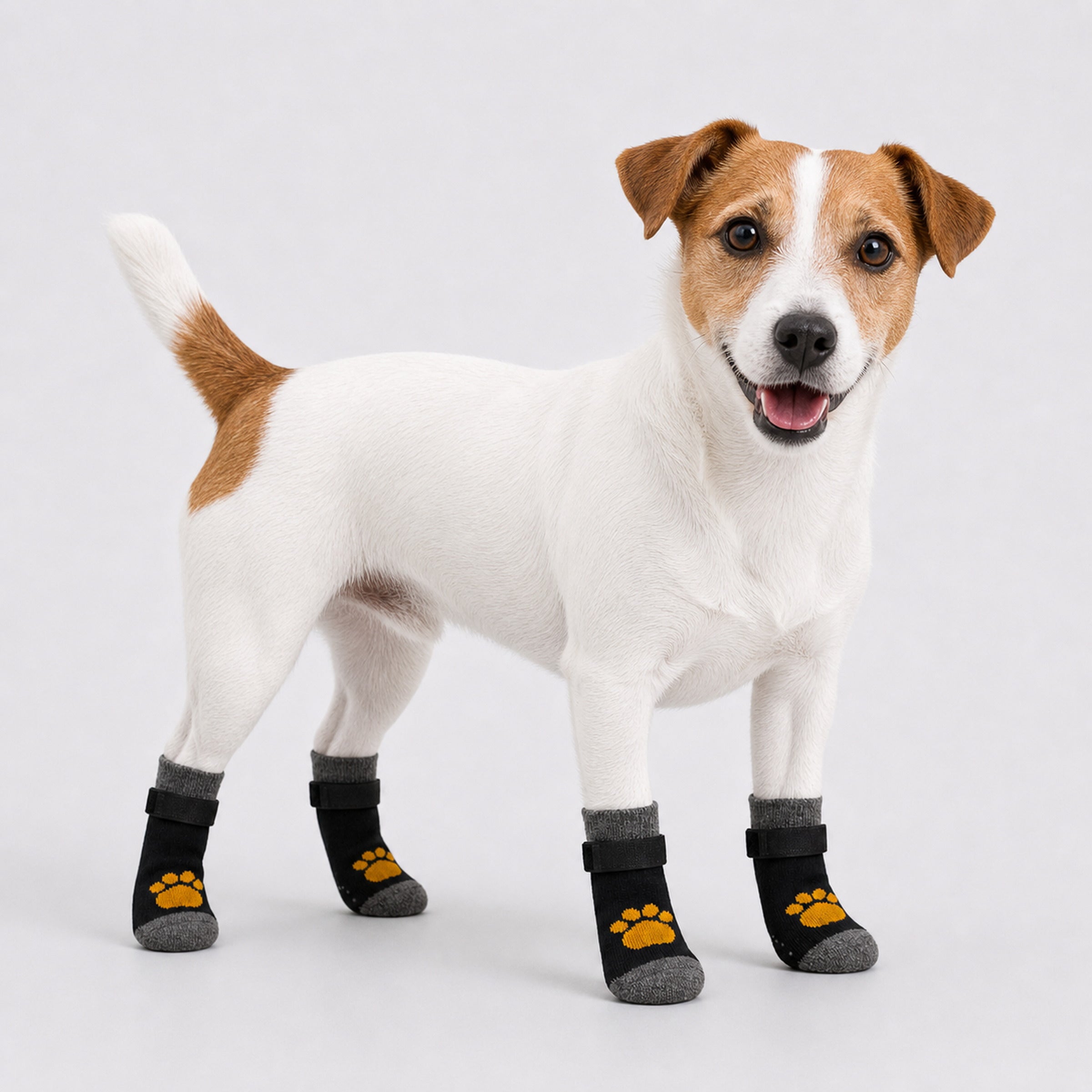 Jack Russell Terrier wearing black anti-slip dog socks with yellow paw design