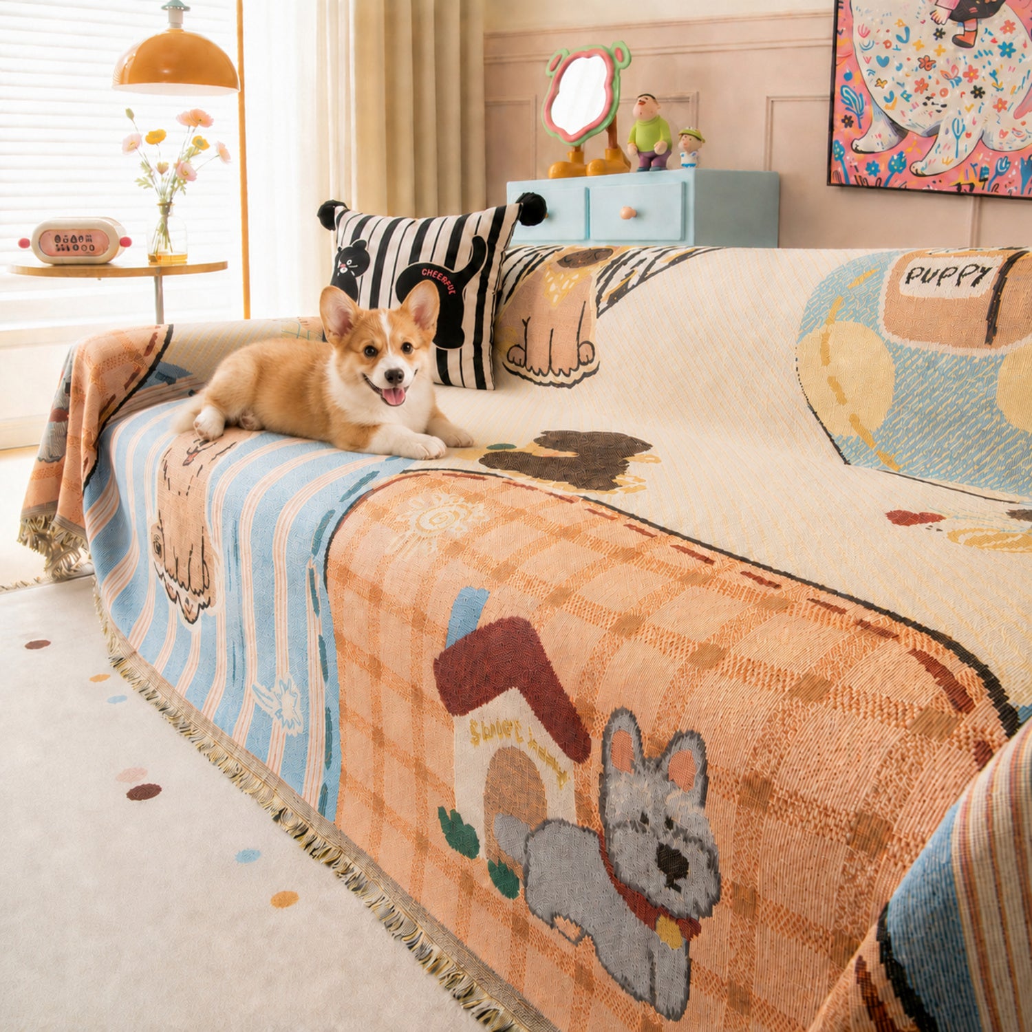 Puppy Days | Chenille Sofa Throw | Scratch-Resistant Sofa Protector
