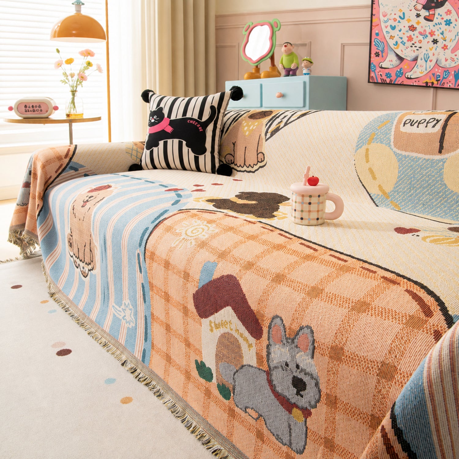Puppy Days | Chenille Sofa Throw | Scratch-Resistant Sofa Protector