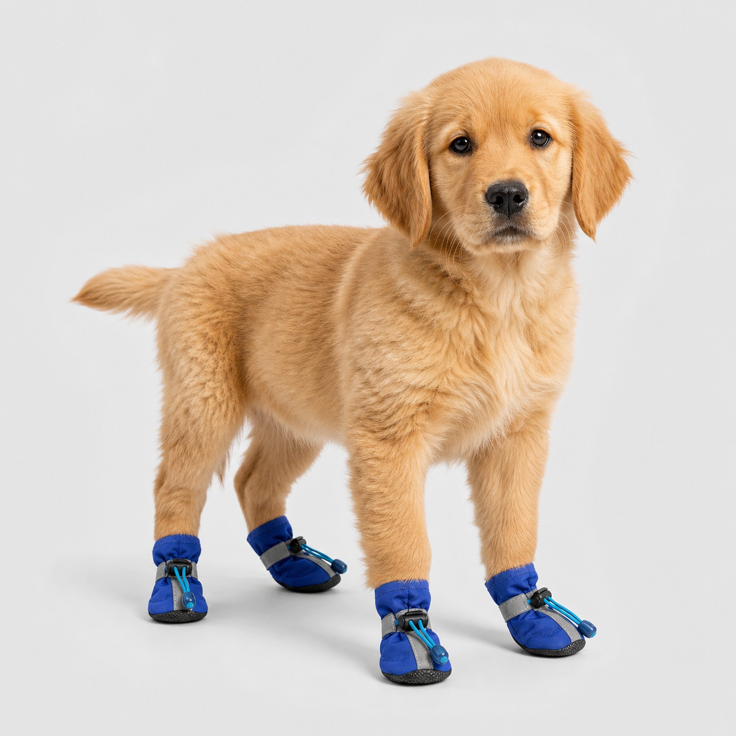 Golden retriever puppy wearing blue waterproof anti-slip dog rain booties