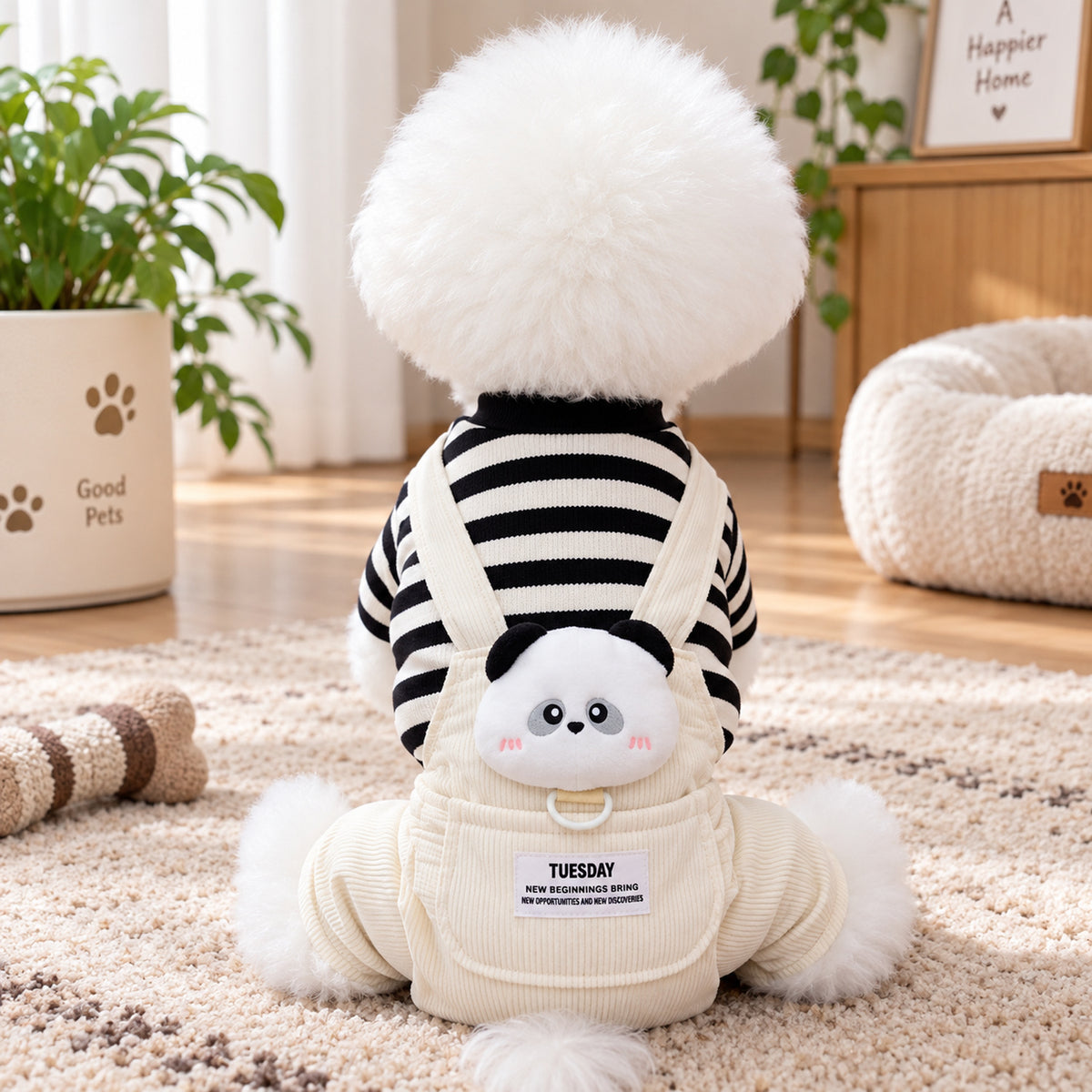 Dog Jumper | Cotton Dungaree Outfit with Striped Sleeves & Plush Animal Detail