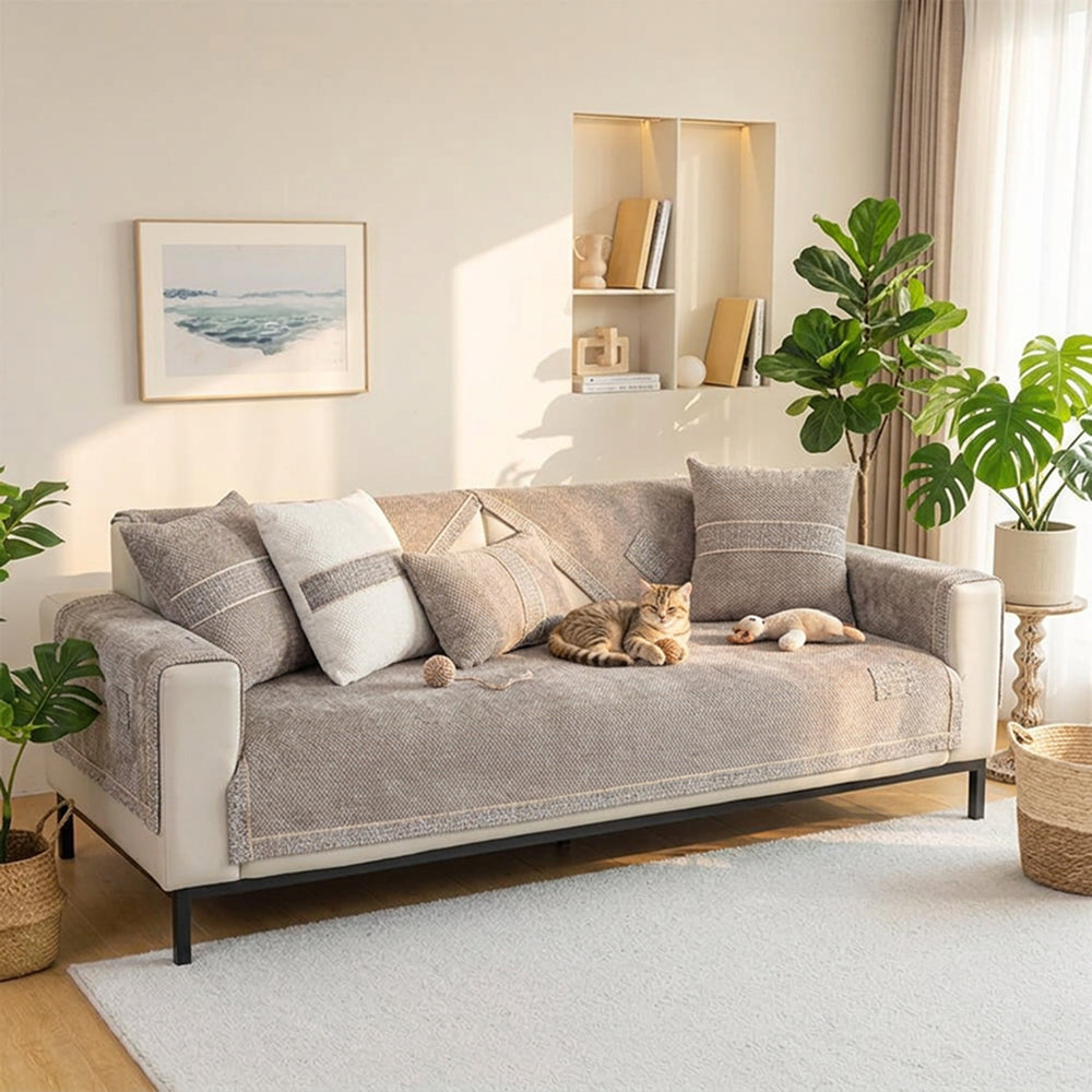 Modern Tweed Chenille Sofa Cover | Anti-Slip Couch Protector | All-Season Furniture Cover | Woofing Deals