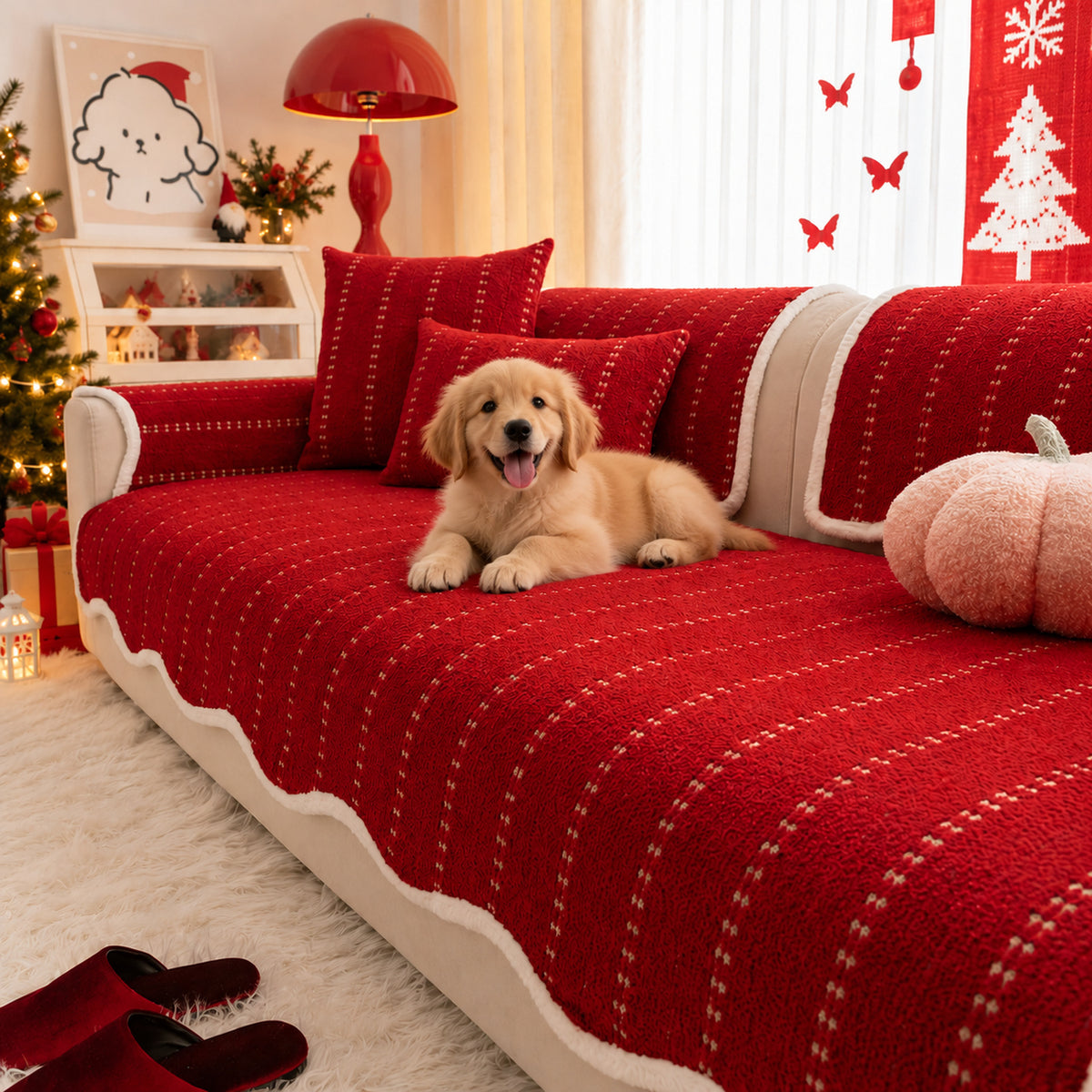 Christmas Sofa Cover | Non-Slip Plush Sofa Protector with Star Detail | Machine Washable