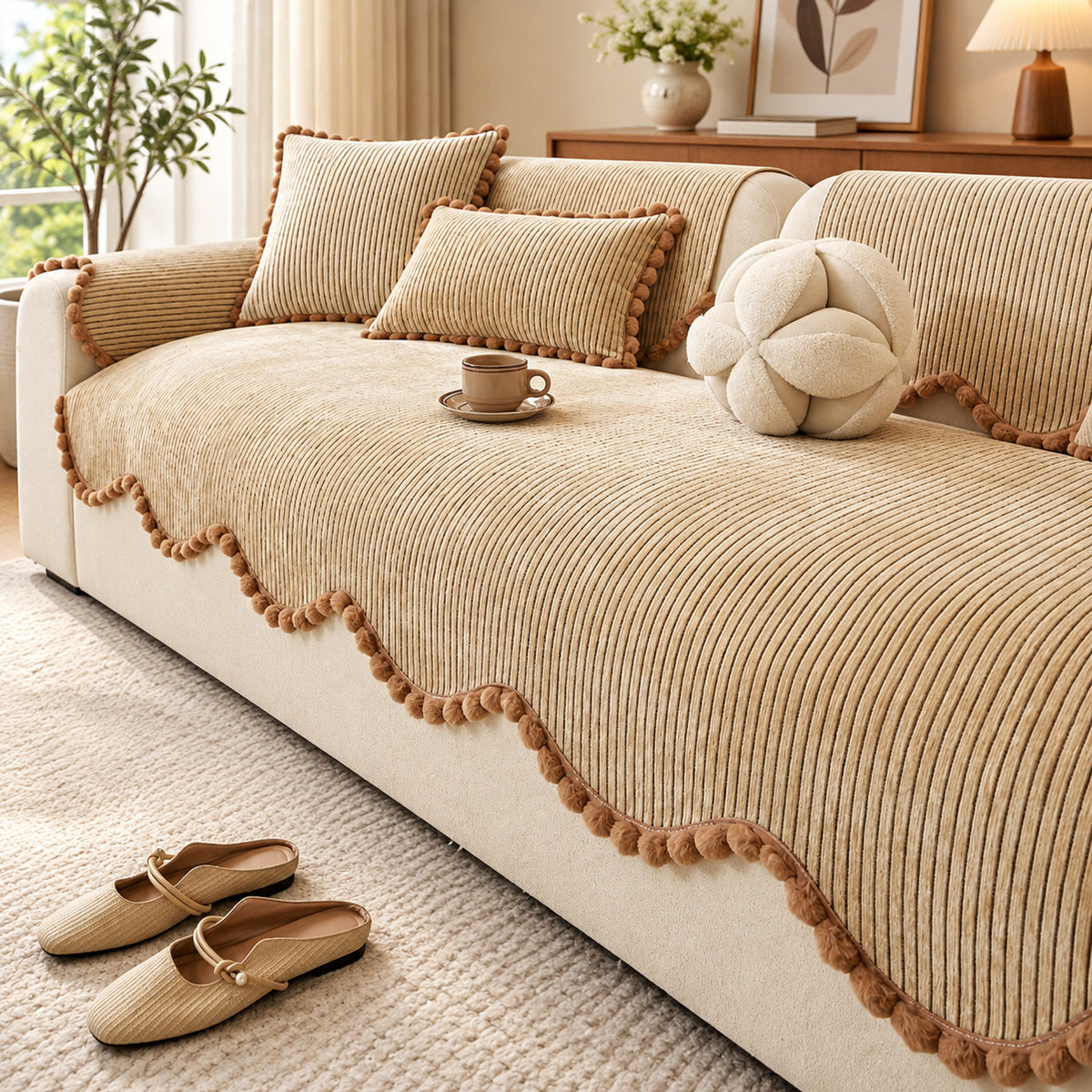 Sofa Cover | Chenille Sofa Protector | Non-Slip Cat-Scratch Resistant | Pom-Pom Trim