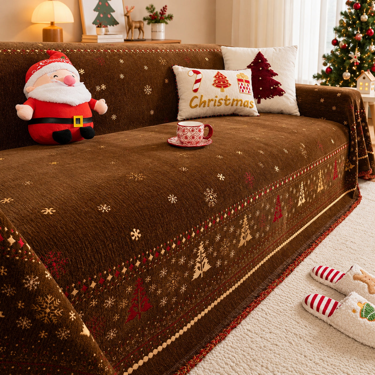 Christmas Sofa Throw | Non-Slip Chenille Sofa Cover | Machine Washable