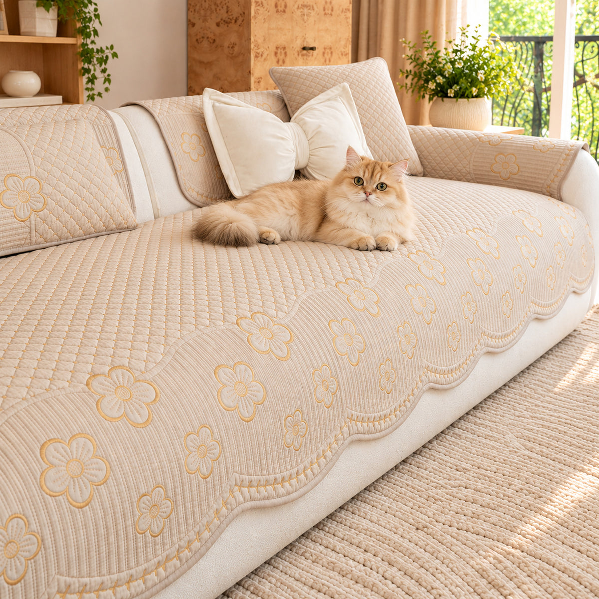 Scalloped Floral Cotton Sofa Cover | Non-Slip & Machine Washable