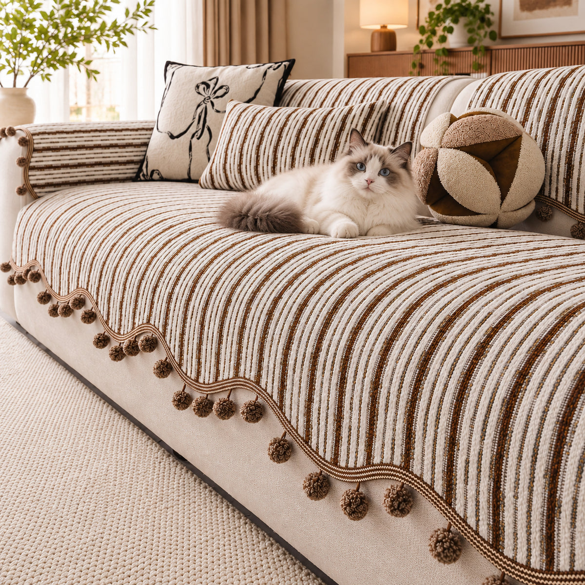 Striped Chenille Sofa Cover | Cat-Scratch-Resistant Sofa Protector | Washable & Non-Slip