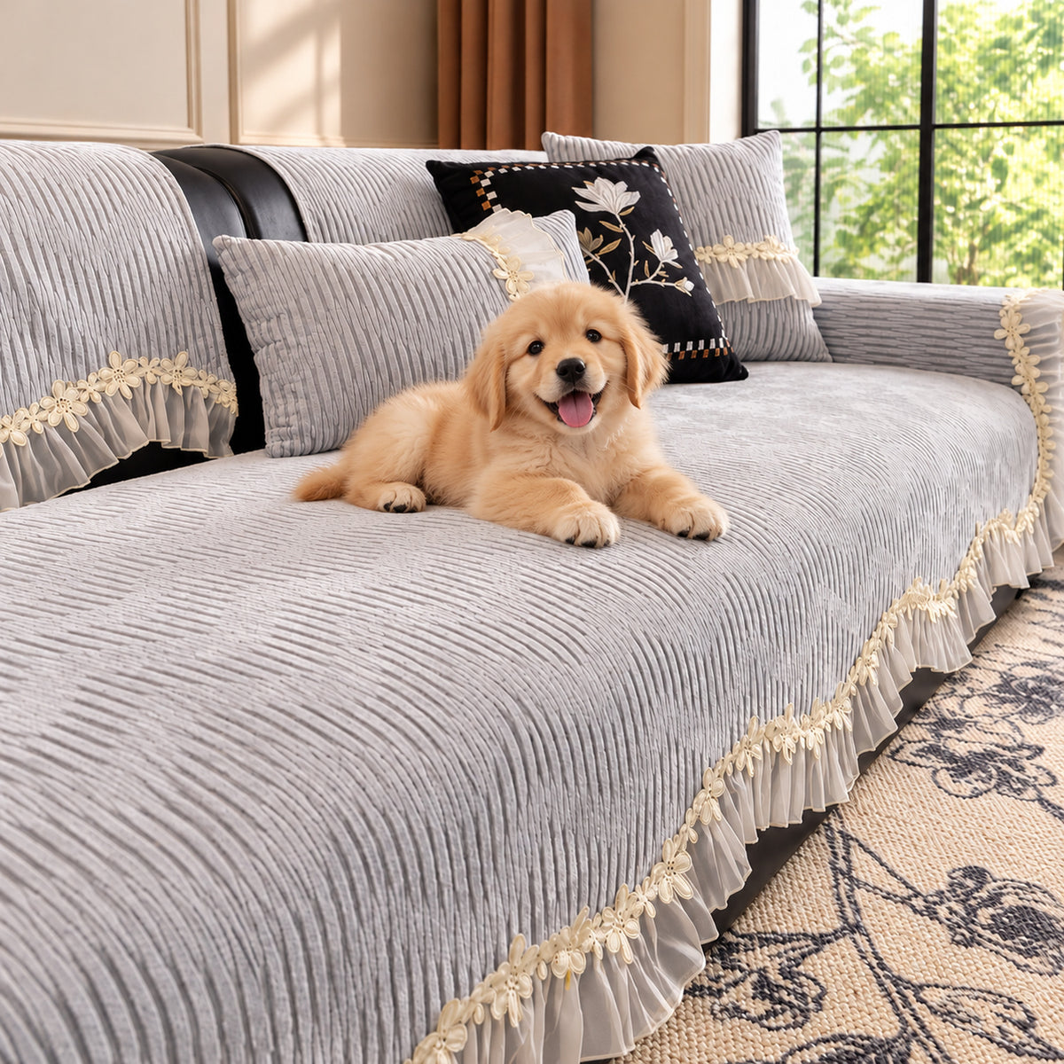 Chenille Sofa Cover | Non-Slip & Machine-Washable | Sofa Protector with Lace Trim