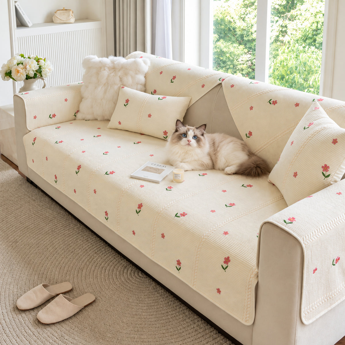 Floral Cotton Sofa Cover | Non-Slip Washable | Sofa Protector