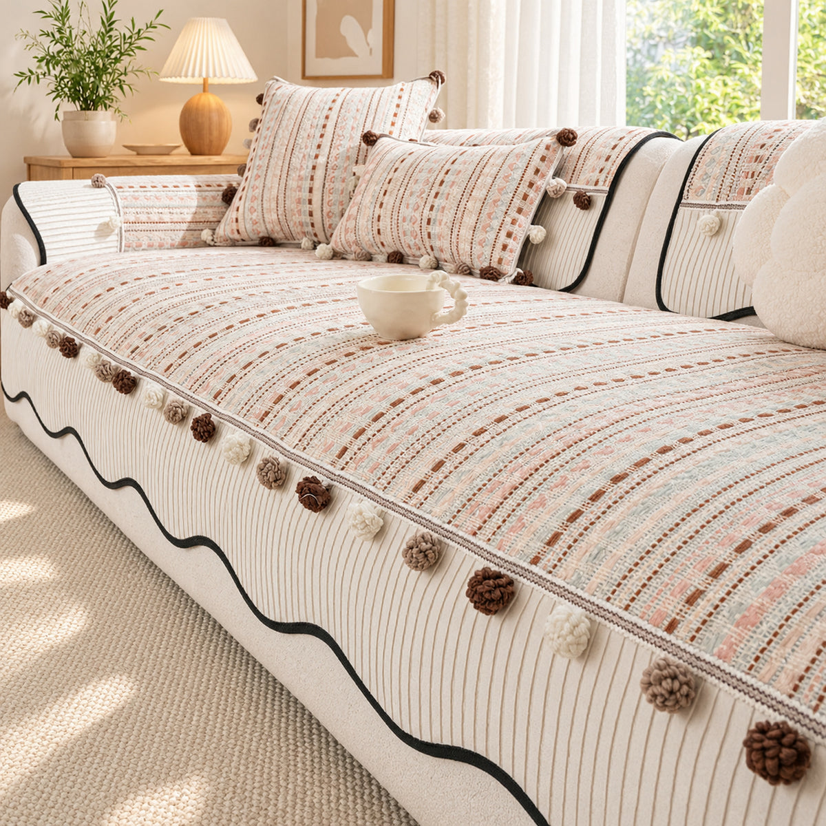 Sofa Cover in Chenille with Pom-Pom Trim | Non-Slip & Scratch-Resistant