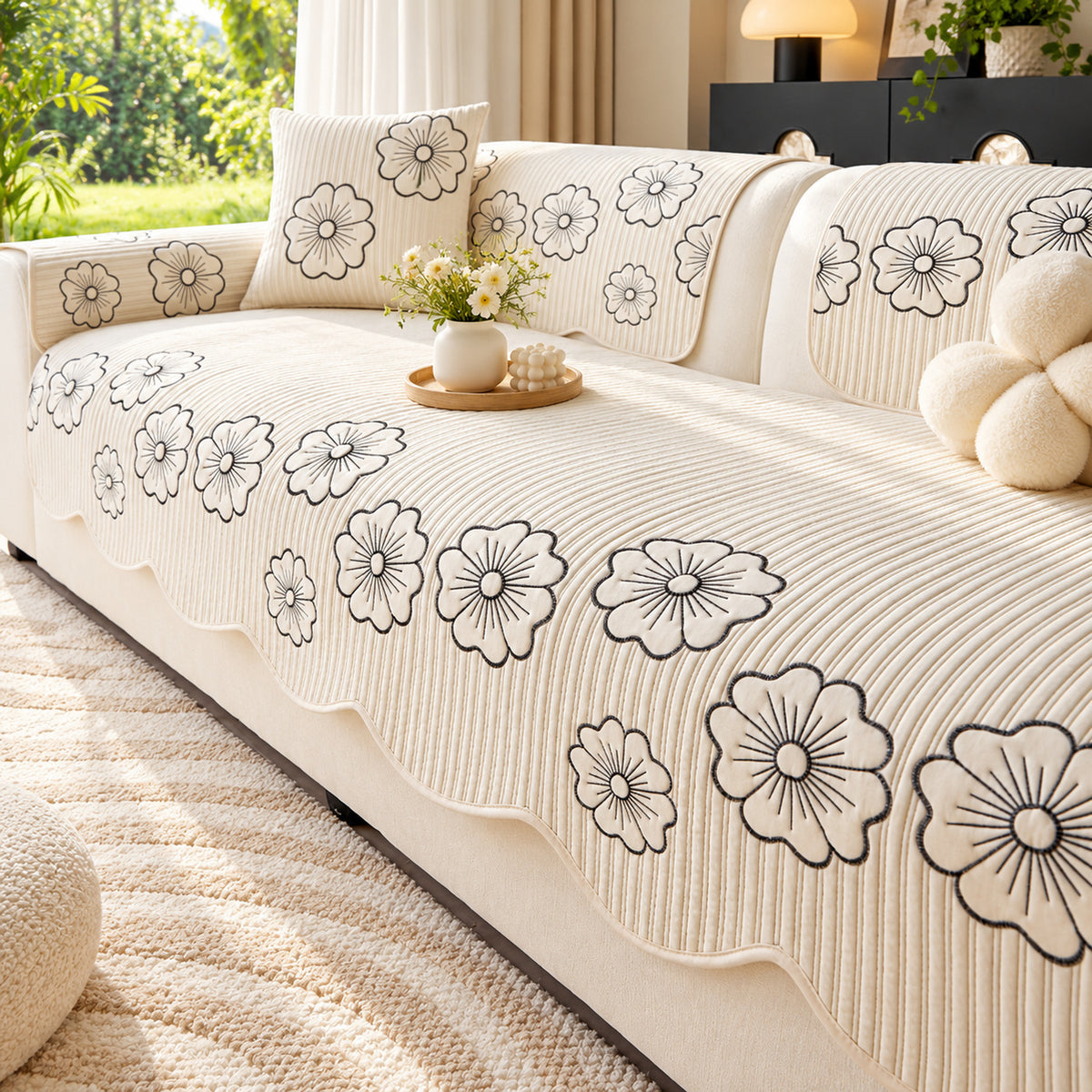 Quilted Floral Cotton Sofa Cover | Non-Slip & Machine Washable