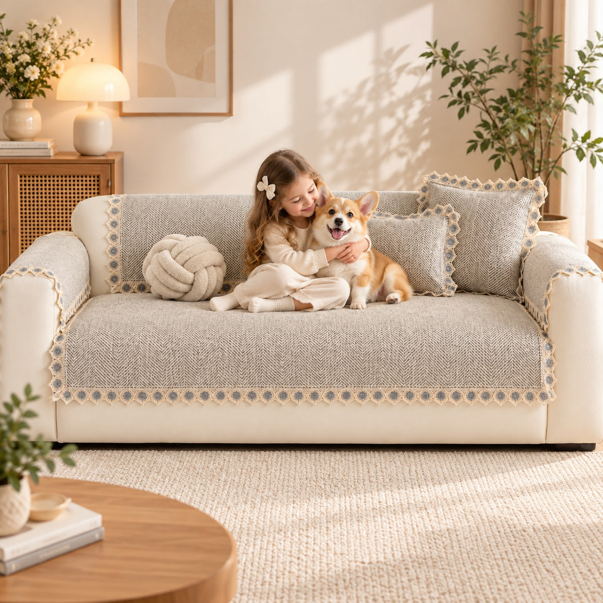 Sofa Cover | Herringbone Cotton-Linen | Non-Slip Washable Protector