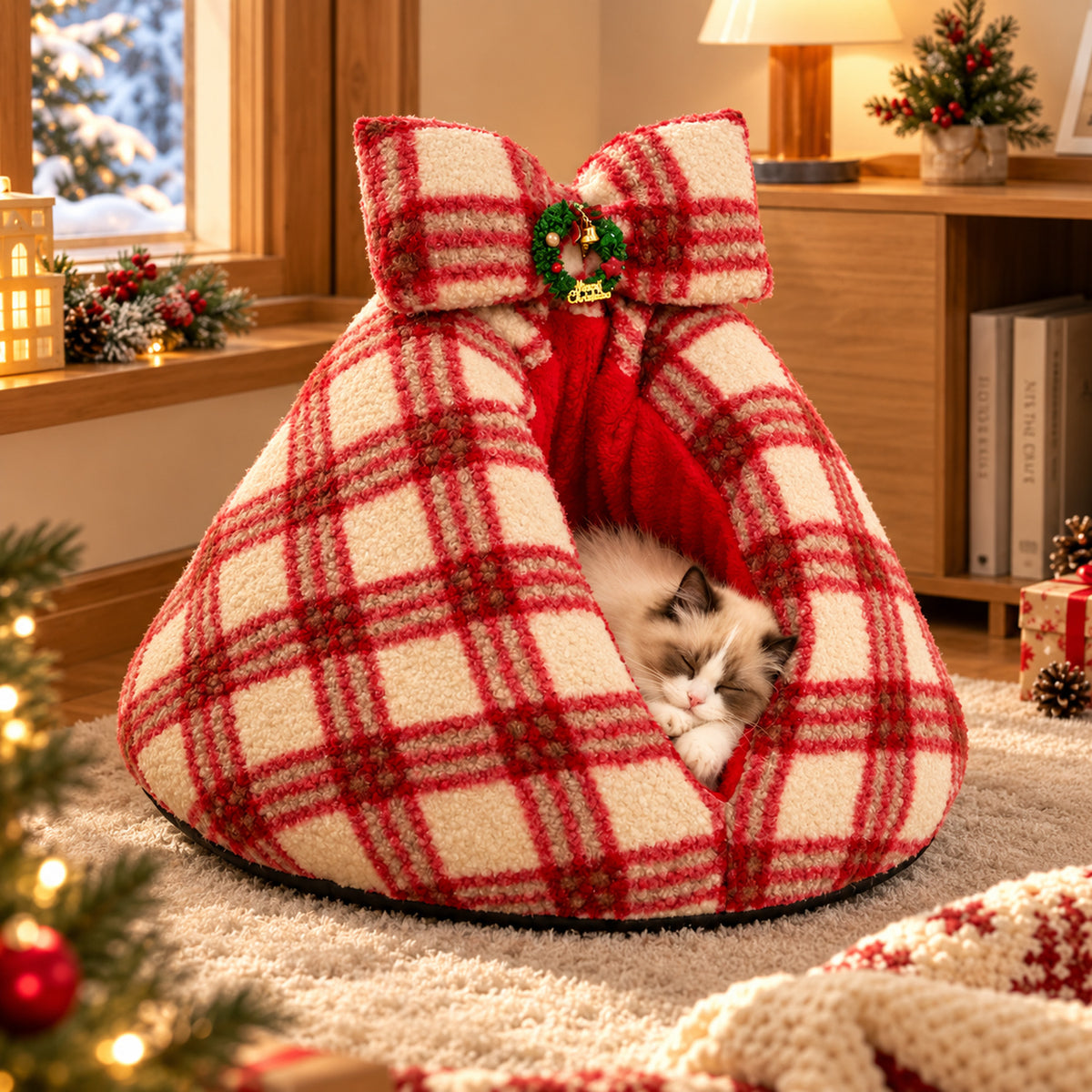 Christmas Dog Bed | Washable Checked Cave for Cat & Dog