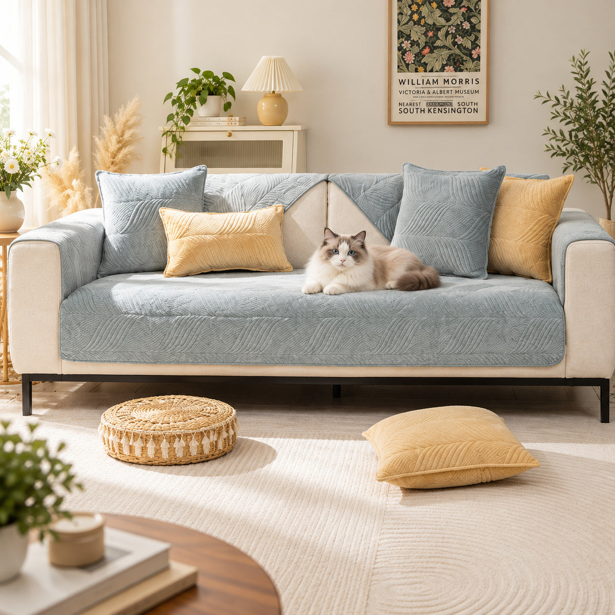Plush Sofa Cover with Wavy Stitching | Non-Slip & Machine Washable
