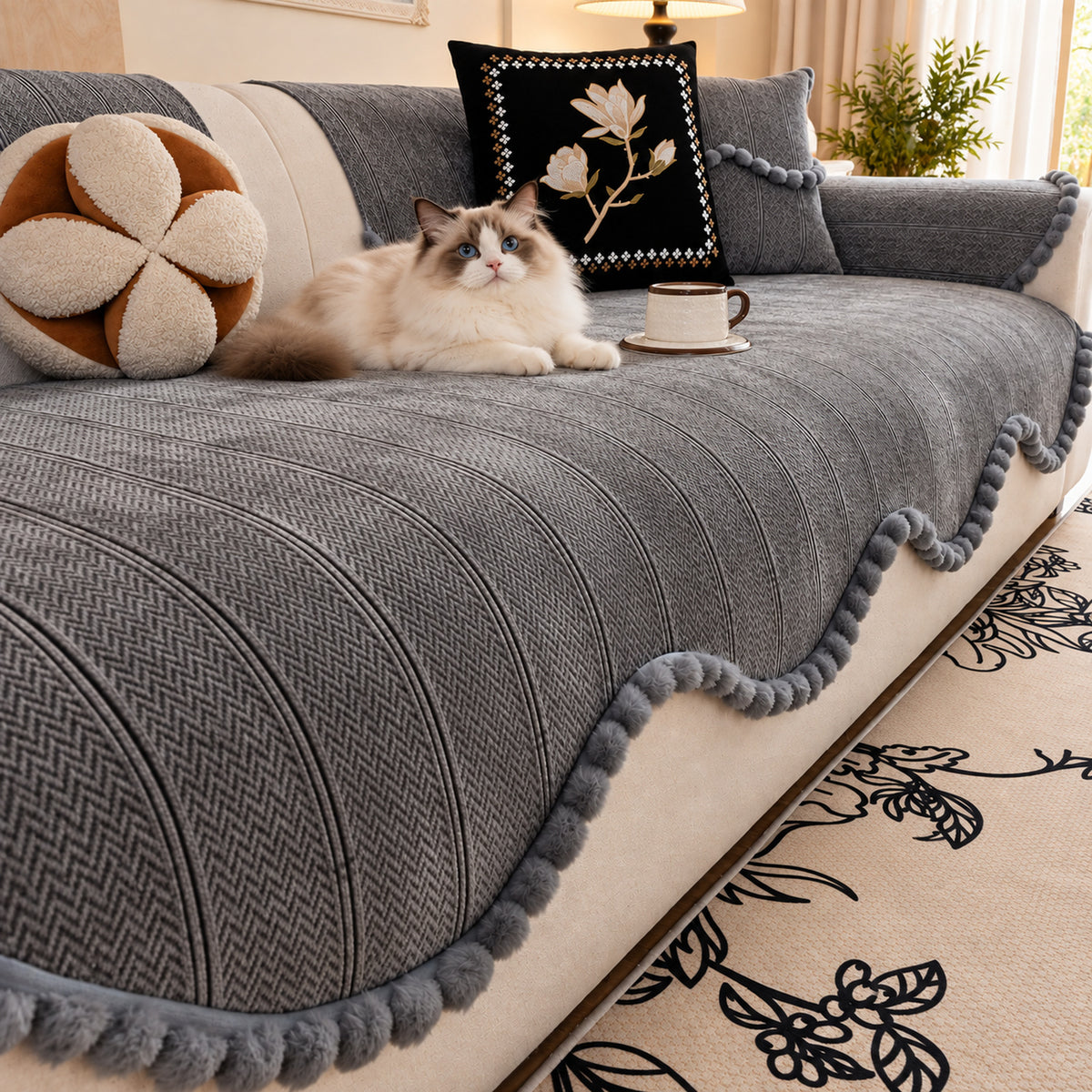 Chenille Sofa Cover with Pom-Pom Trim | Non-Slip & Machine Washable