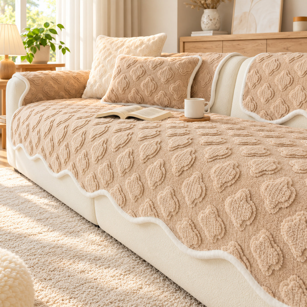 Plush Sofa Cover | Raised Floral Pattern, Non-Slip & Machine Washable