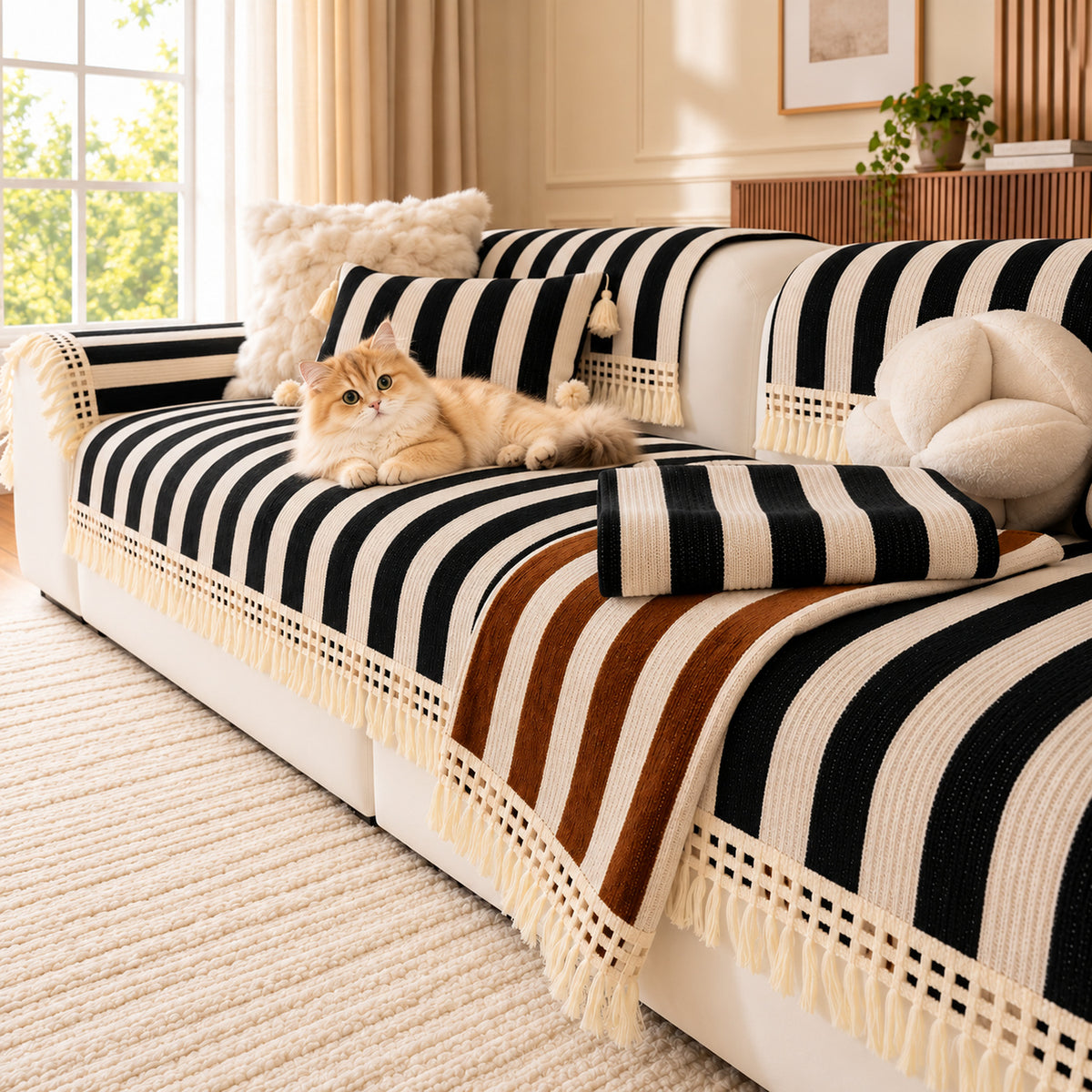 Chenille Sofa Cover | Non-Slip & Machine-Washable | Sofa Protector with Stripes and Fringe