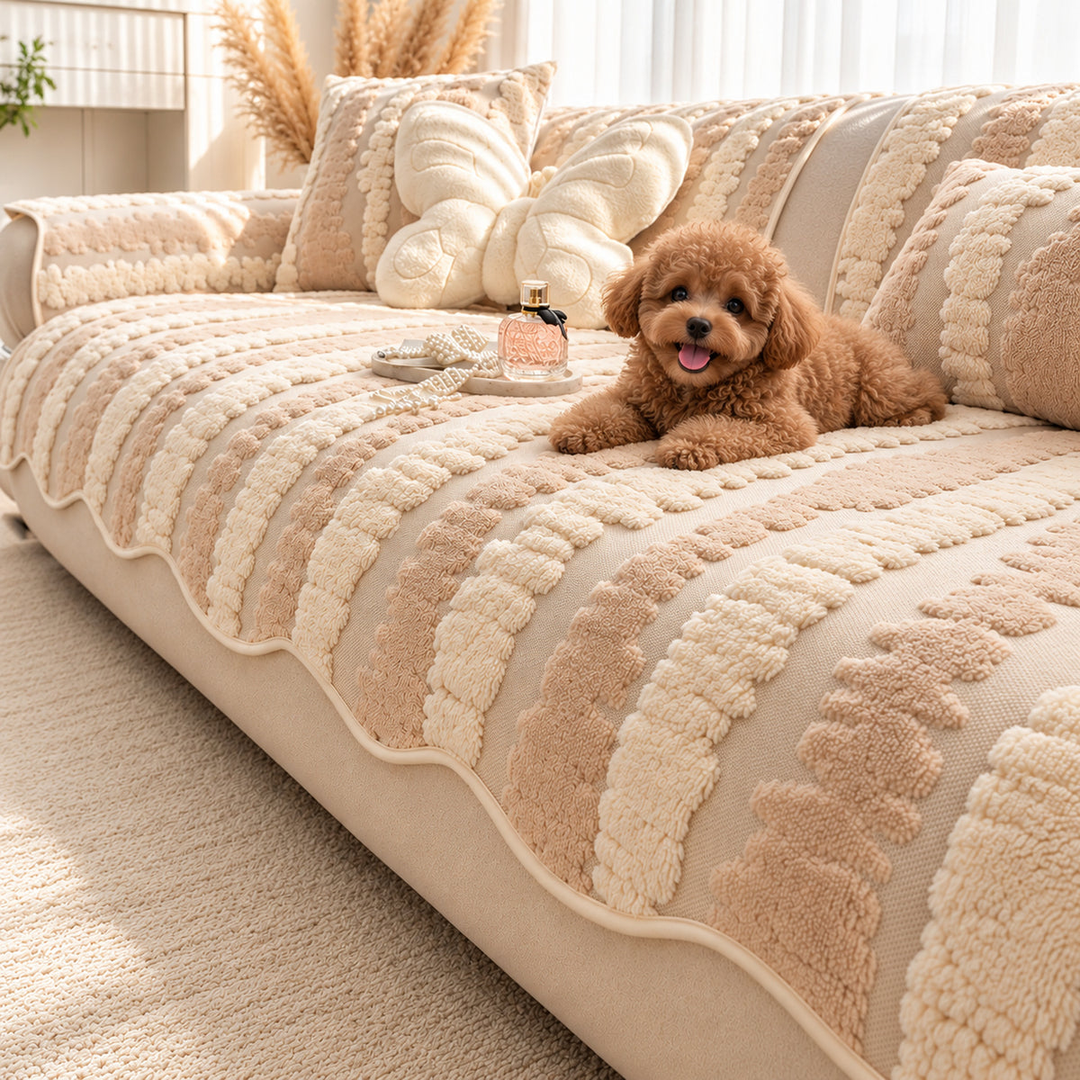 Plush Sofa Cover | Tufted Stripe Design | Non-Slip & Machine Washable