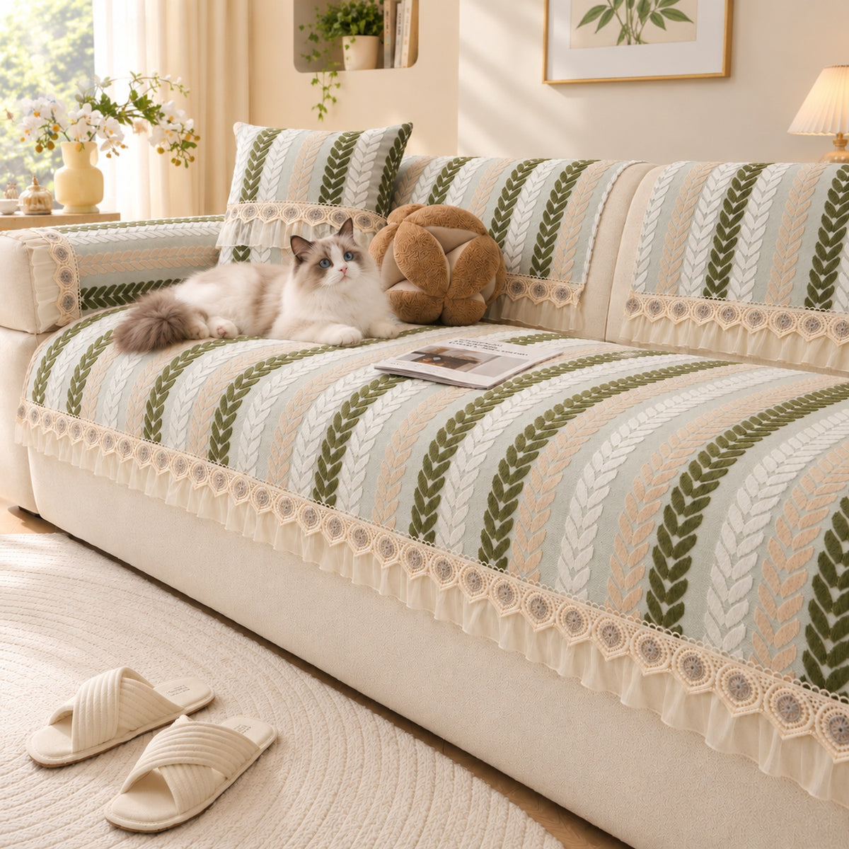 Non-Slip Sofa Cover | Wheat Leaf Chenille Design | Machine Washable & Scratch-Resistant