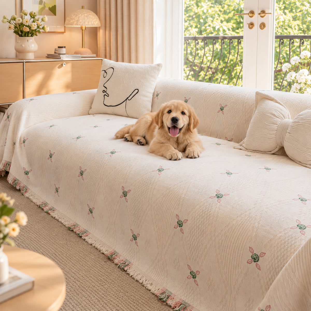 Floral Sofa Cover | Chenille Sofa Throw | Non-Slip, Scratch-Resistant