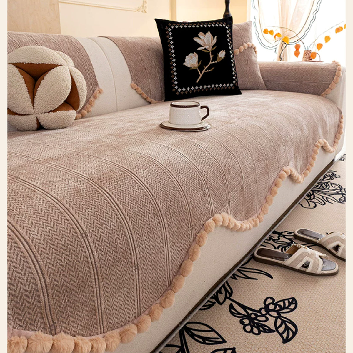 Chenille Sofa Cover with Pom-Pom Trim | Non-Slip & Machine Washable