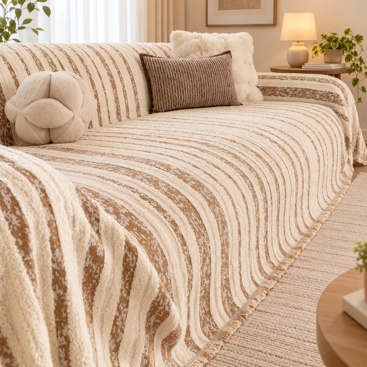 Non-Slip Sofa Cover | Reversible Striped Sofa Throw | Machine Washable