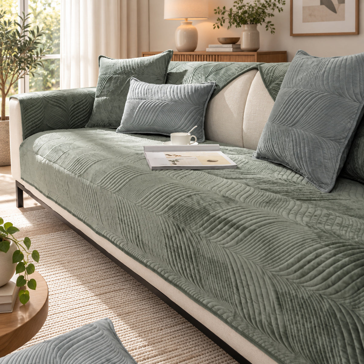 Plush Sofa Cover with Wavy Stitching | Non-Slip & Machine Washable