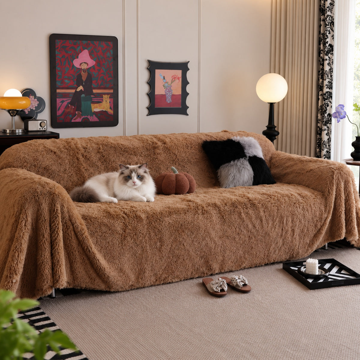 Sofa Cover | Plush Flannel Sofa Throw | Long-Pile Sofa Protector