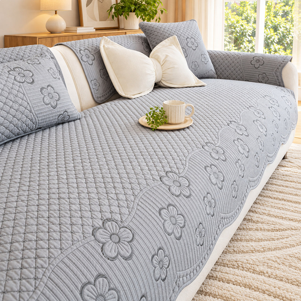Scalloped Floral Cotton Sofa Cover | Non-Slip & Machine Washable