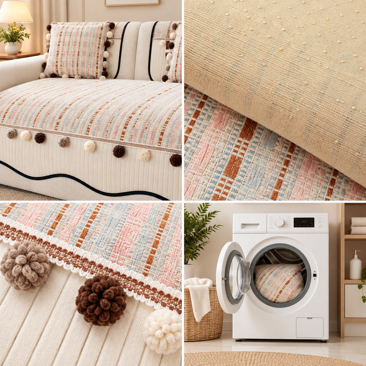 Sofa Cover in Chenille with Pom-Pom Trim | Non-Slip & Scratch-Resistant