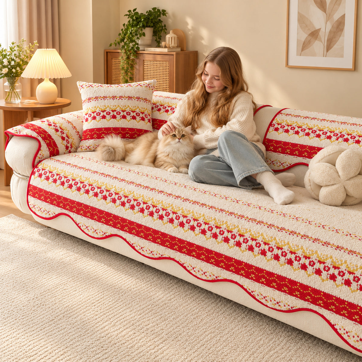Plush Sofa Cover | Geometric Pattern with Non-Slip Backing