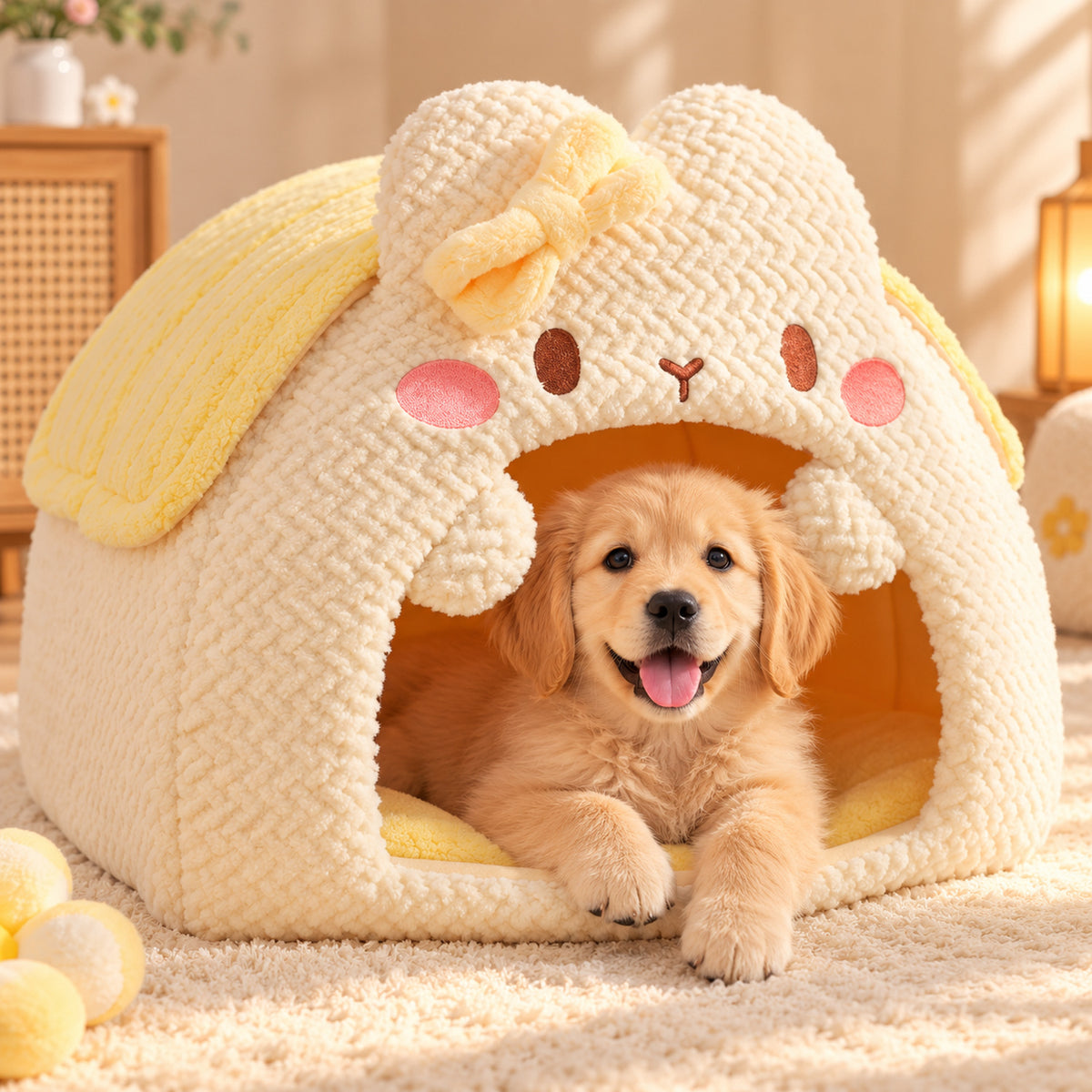 Small Dog Bed & Cat Bed | Washable Bunny-Shaped Cave | Cosy All-Season Hideaway